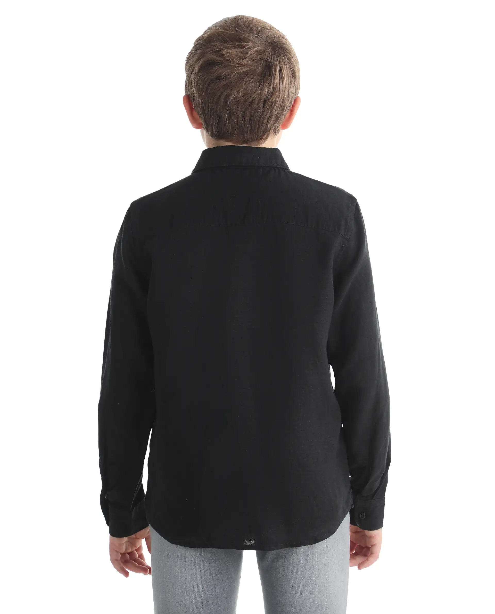 Rare Ones Kids Linot-Fs Black Linen Blend Button Closure Regular Fit Shirt