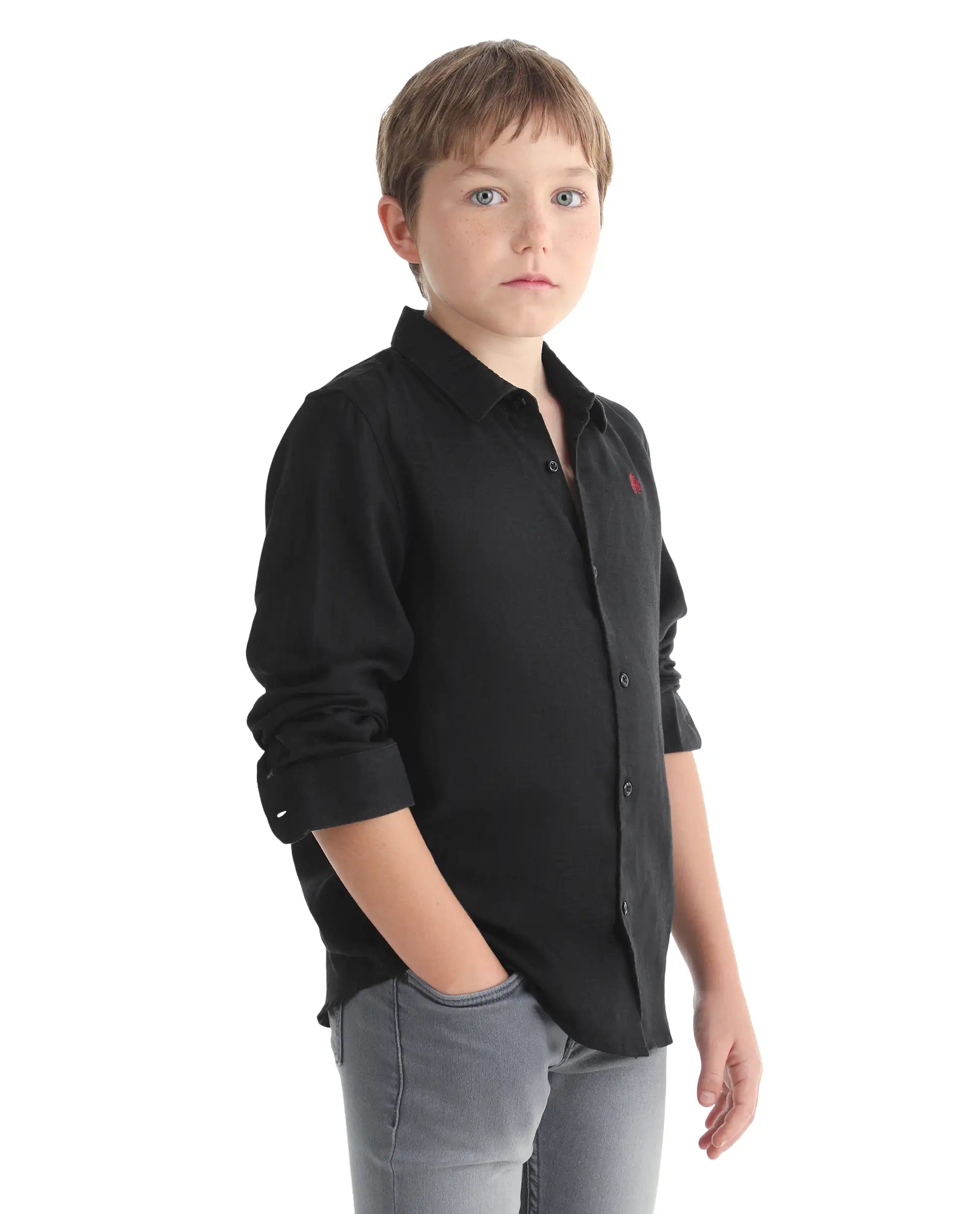 Rare Ones Kids Linot-Fs Black Linen Blend Button Closure Regular Fit Shirt