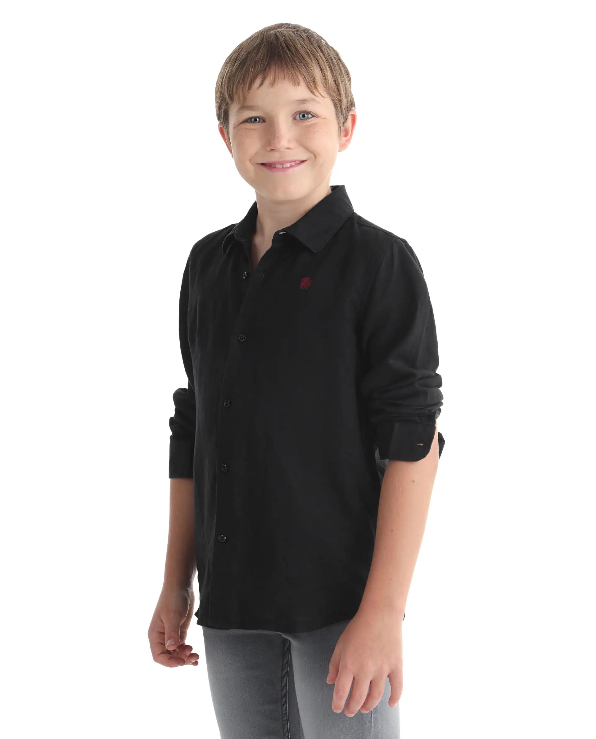 Rare Ones Kids Linot-Fs Black Linen Blend Button Closure Regular Fit Shirt