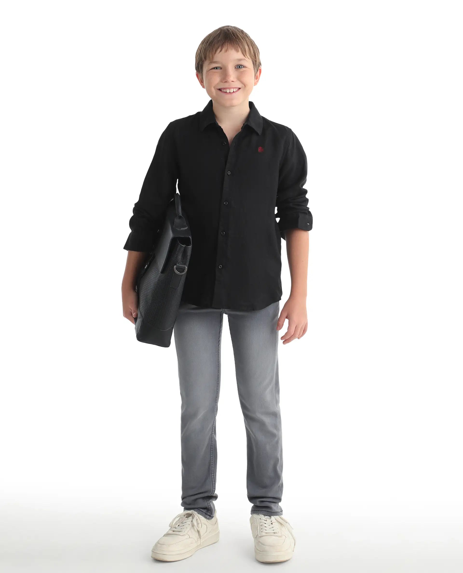 Rare Ones Kids Linot-Fs Black Linen Blend Button Closure Regular Fit Shirt