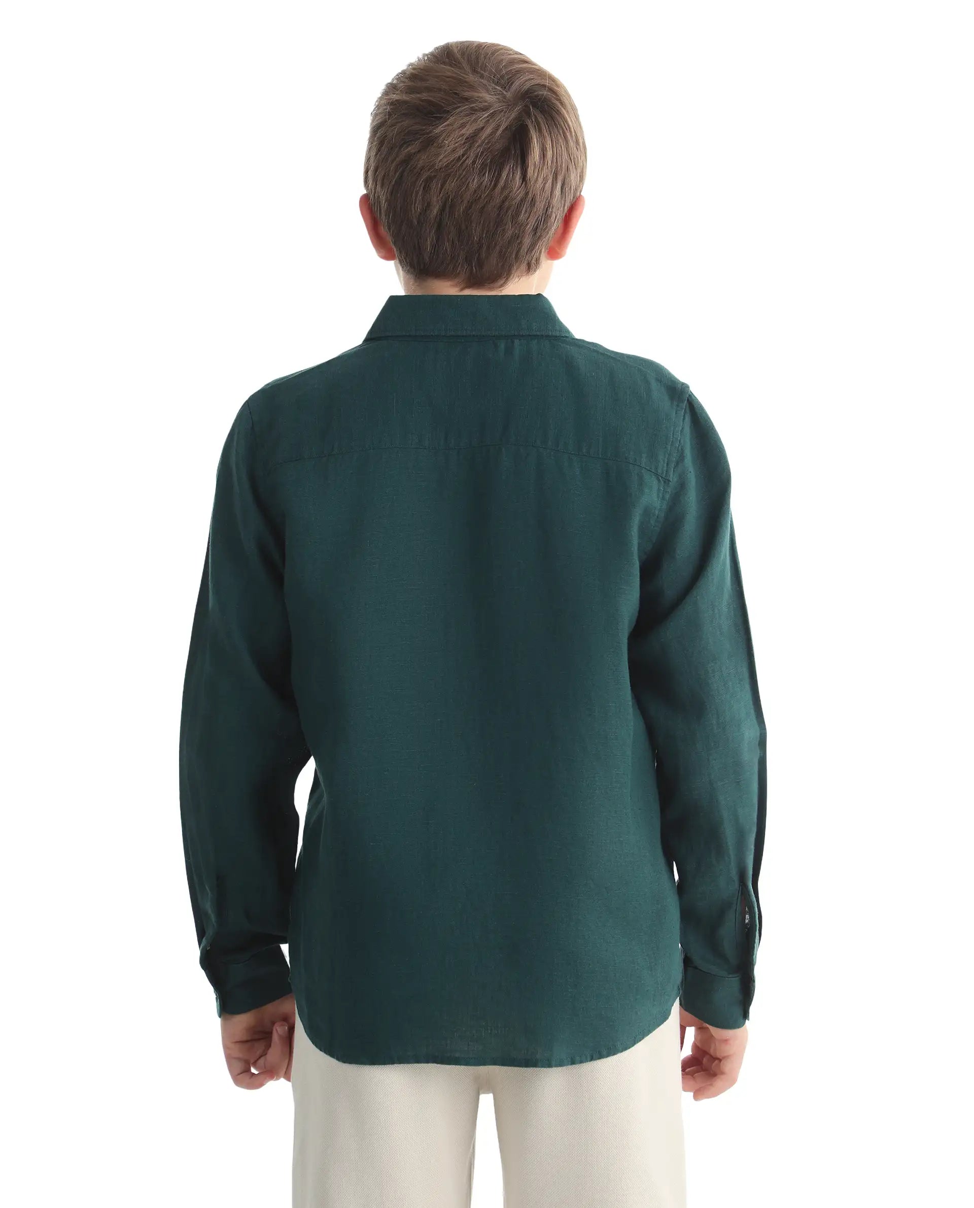 Rare Ones Kids Linot-Fs Dark Green Linen Blend Button Closure Regular Fit Shirt
