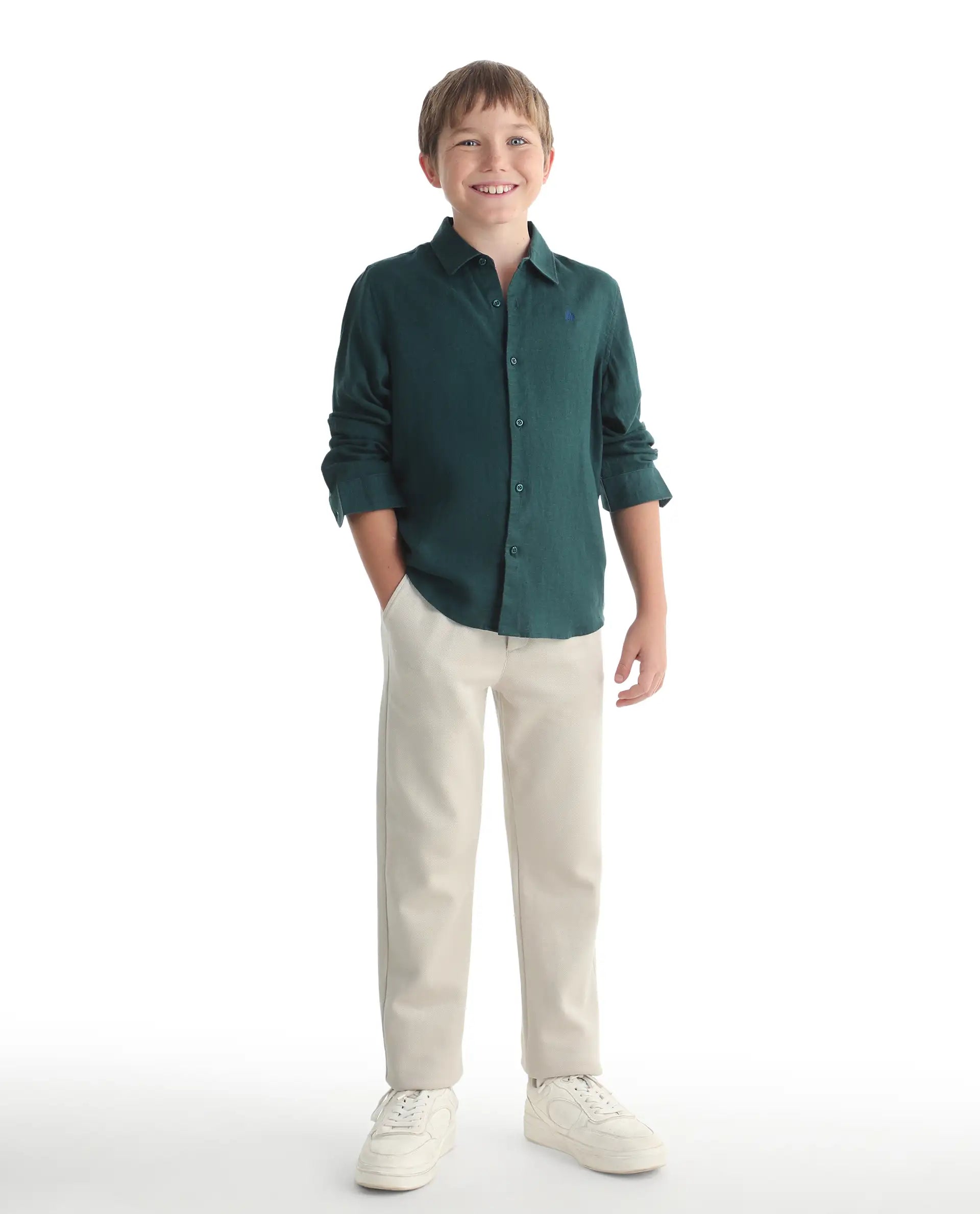 Rare Ones Kids Linot-Fs Dark Green Linen Blend Button Closure Regular Fit Shirt