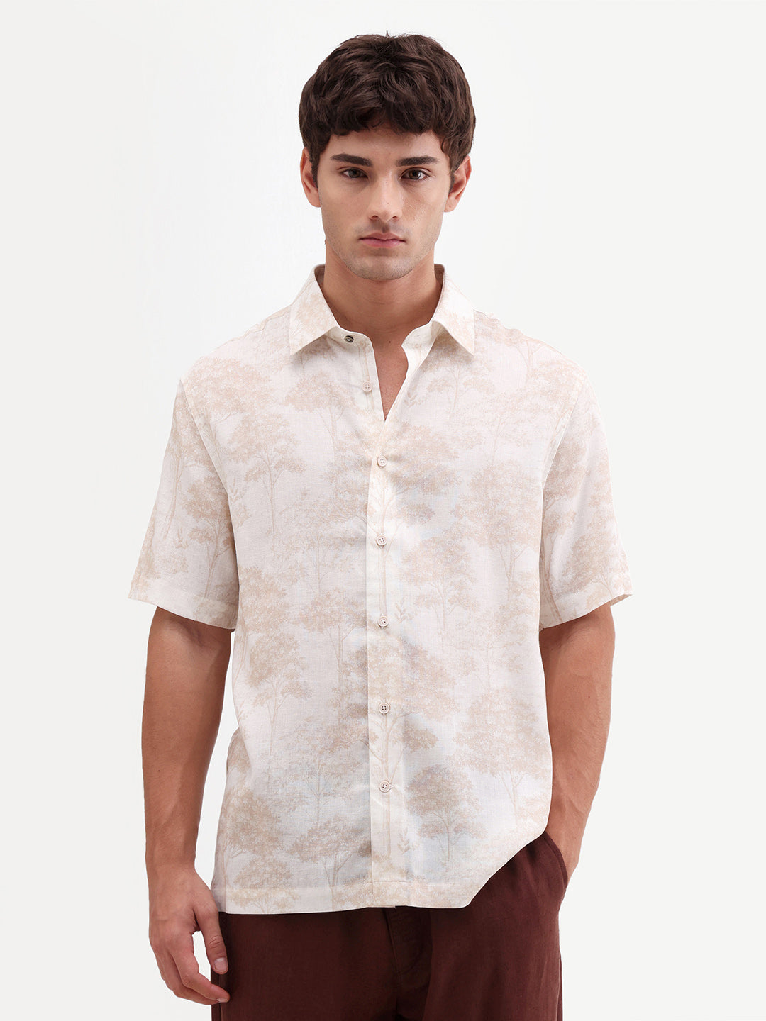 Rare Rabbit Men's Fero White Viscose Fabric Half Sleeve Spread Collar Regular Abstract Print Shirt
