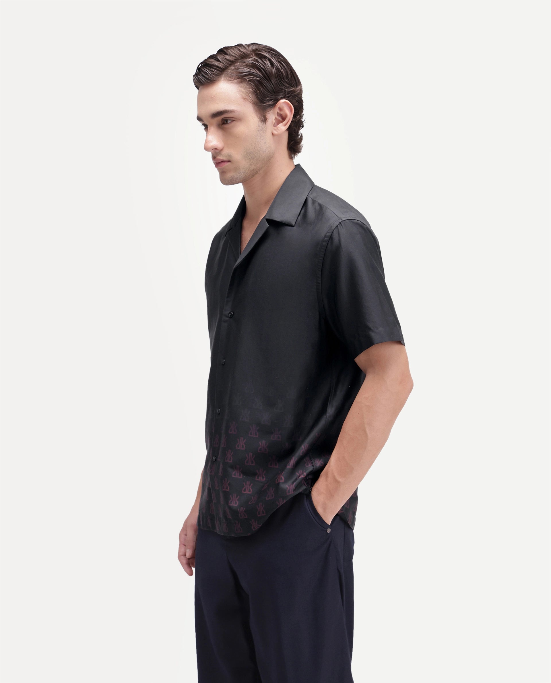 Rare Rabbit Men's Taro Black Cotton Fabric Full Sleeve Cuban Collar Regular Monogram Print Shirt