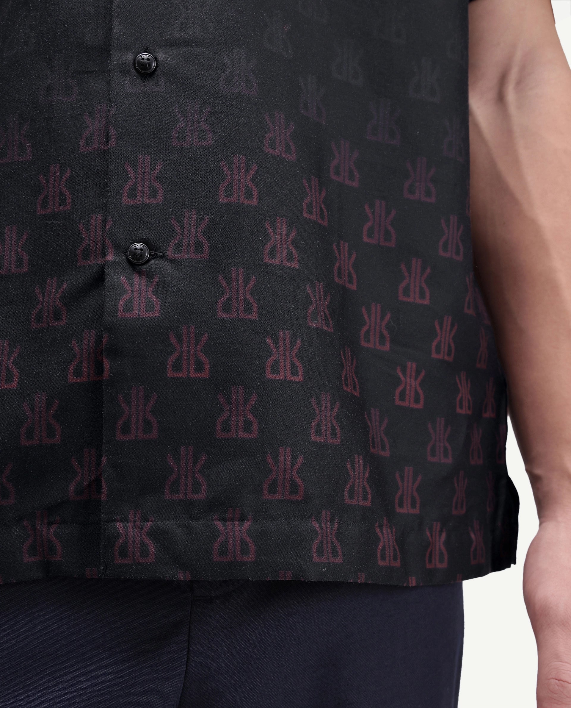 Rare Rabbit Men's Taro Black Cotton Fabric Full Sleeve Cuban Collar Regular Monogram Print Shirt
