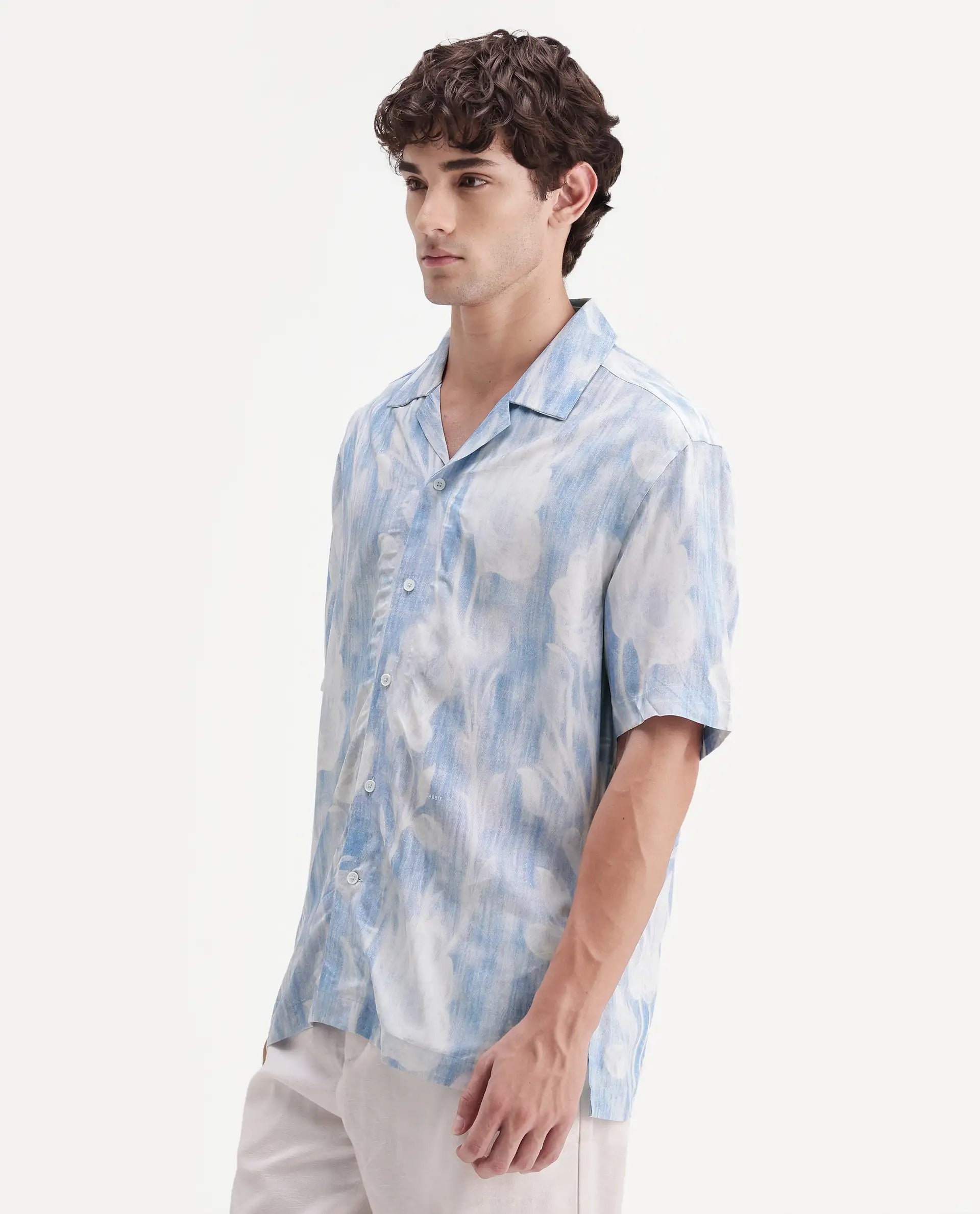Rare Rabbit Men's Oyse White Viscose Fabric Half Sleeve Cuban Collar Regular Abstract Print Shirt