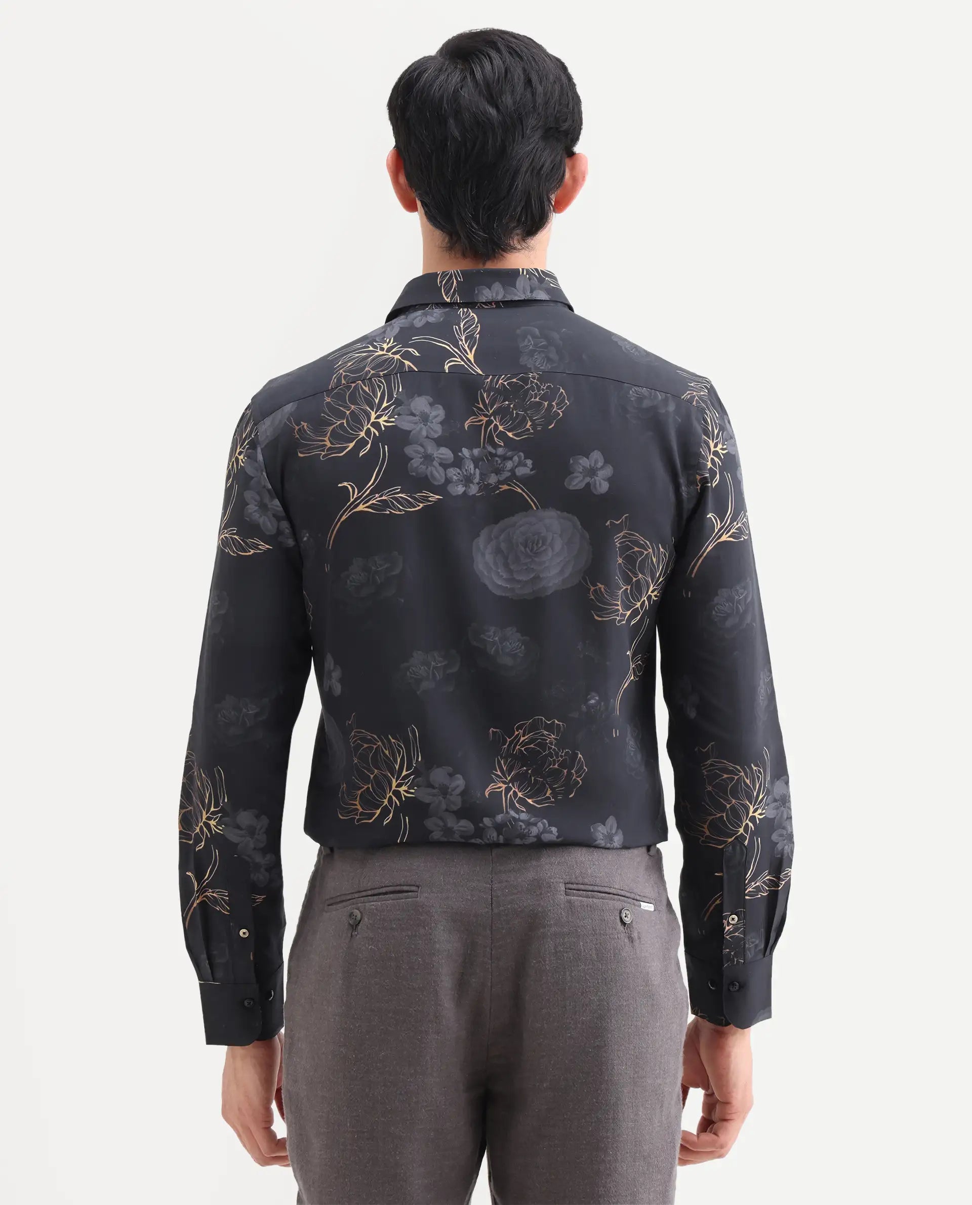 Rare Rabbit Men's Sloy Black Viscose Fabric Full Sleeve Spread Collar Regular Floral Print Shirt