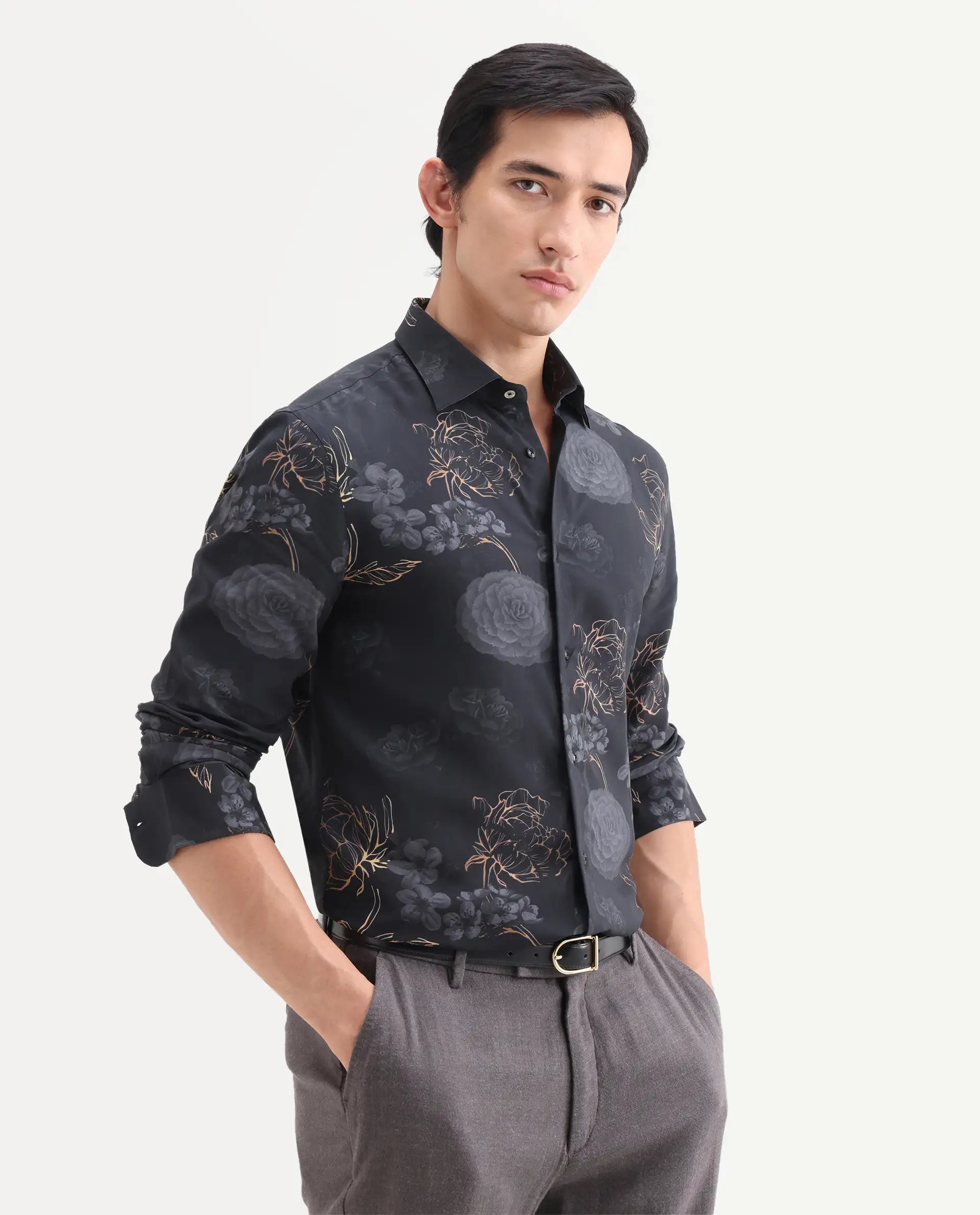Rare Rabbit Men's Sloy Black Viscose Fabric Full Sleeve Spread Collar Regular Floral Print Shirt
