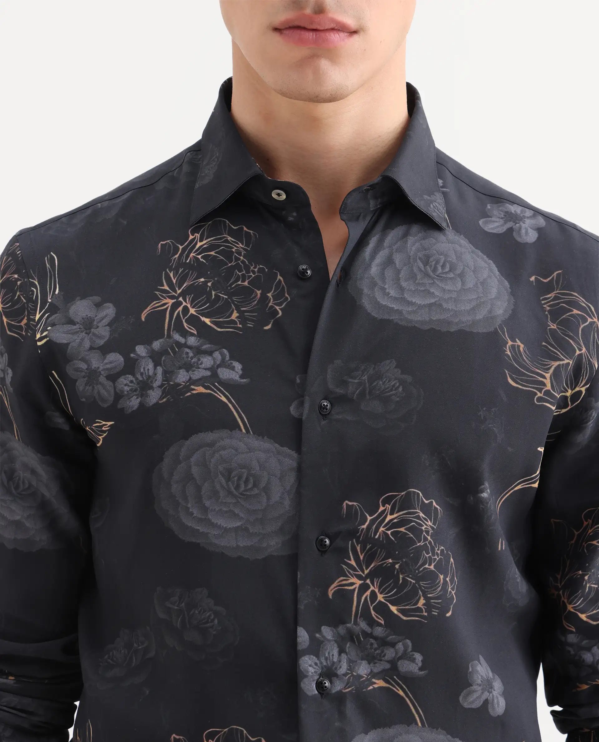Rare Rabbit Men's Sloy Black Viscose Fabric Full Sleeve Spread Collar Regular Floral Print Shirt