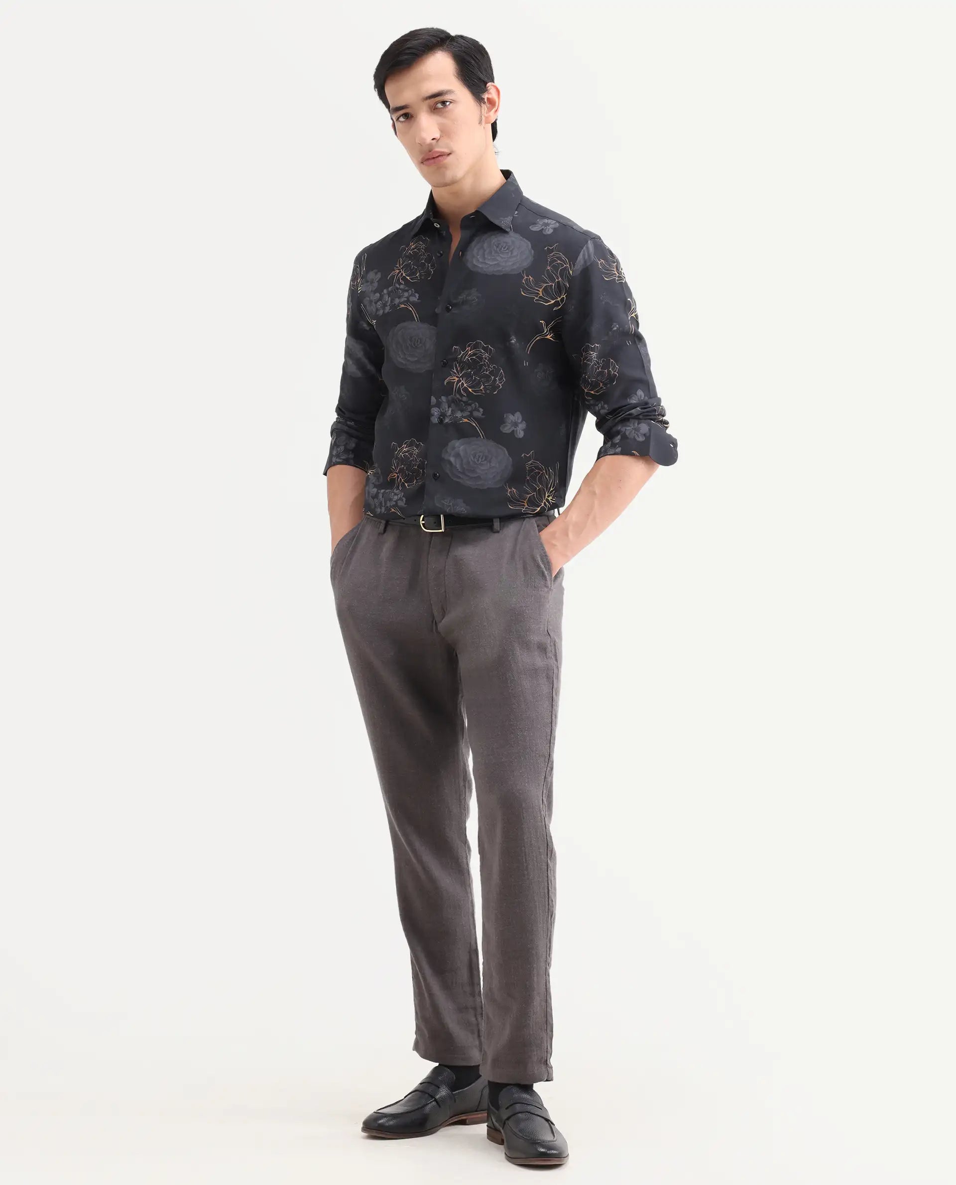 Rare Rabbit Men's Sloy Black Viscose Fabric Full Sleeve Spread Collar Regular Floral Print Shirt