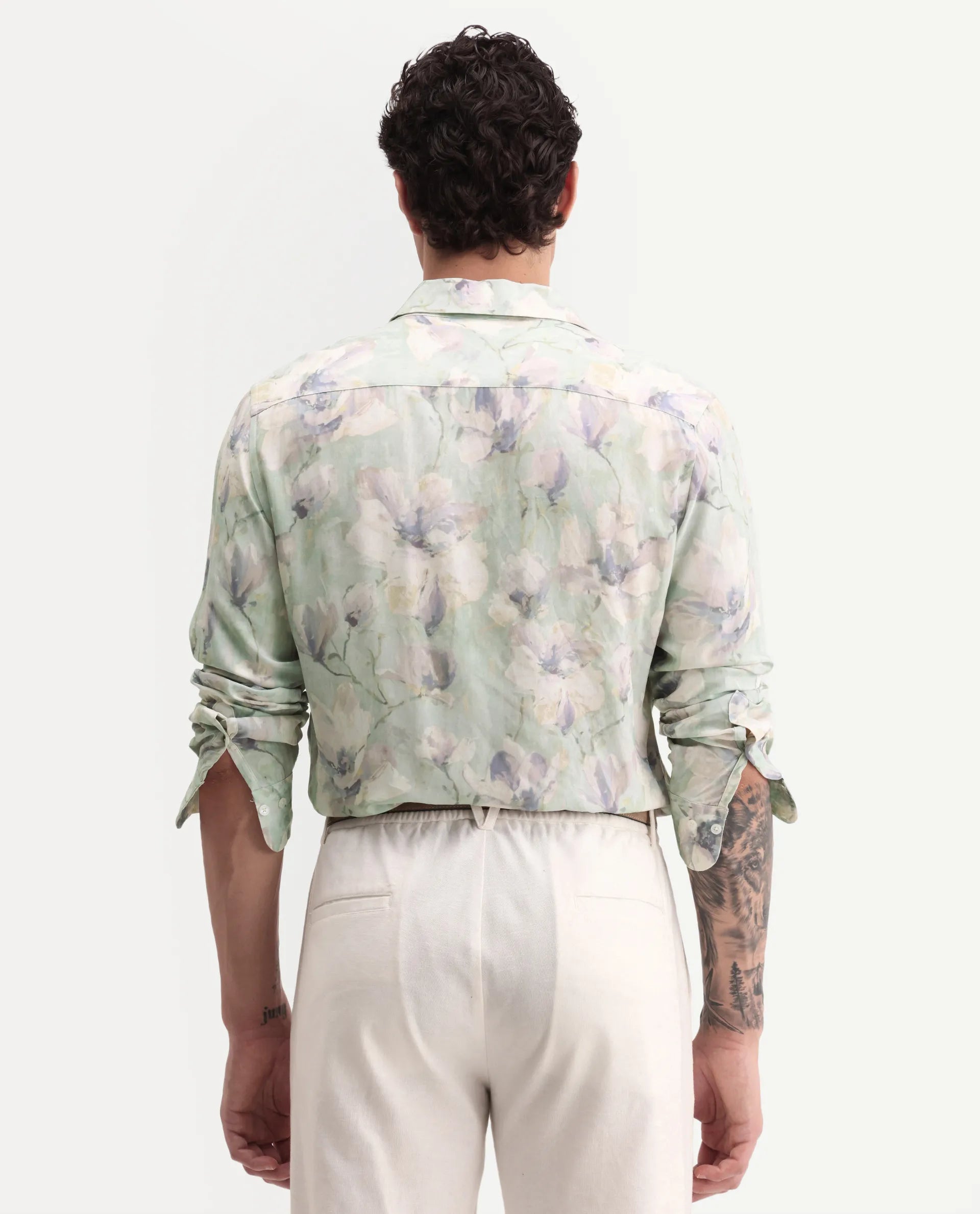 Rare Rabbit Men's Flows Off White Viscose Fabric Full Sleeve Spread Collar Regular Floral Print Shirt