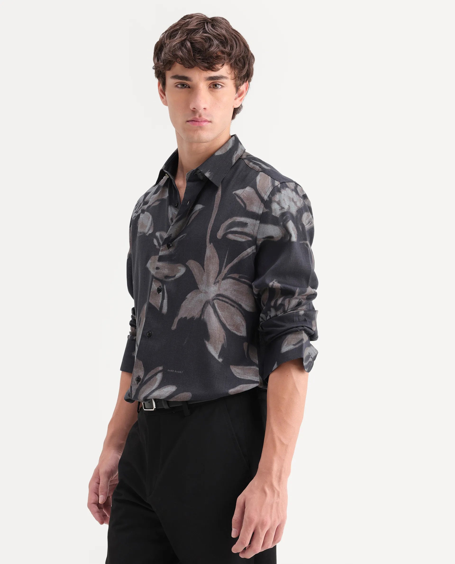 Rare Rabbit Men's Amzo Black Viscose Fabric Full Sleeve Spread Collar Regular Floral Print Shirt