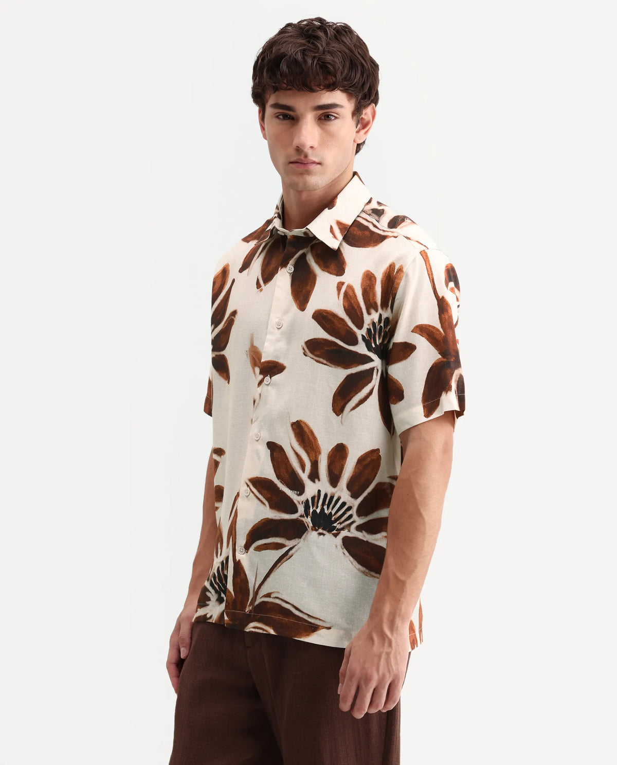 Rare Rabbit Men's Zeno Beige Viscose Fabric Half Sleeve Spread Collar Regular Floral Print Shirt