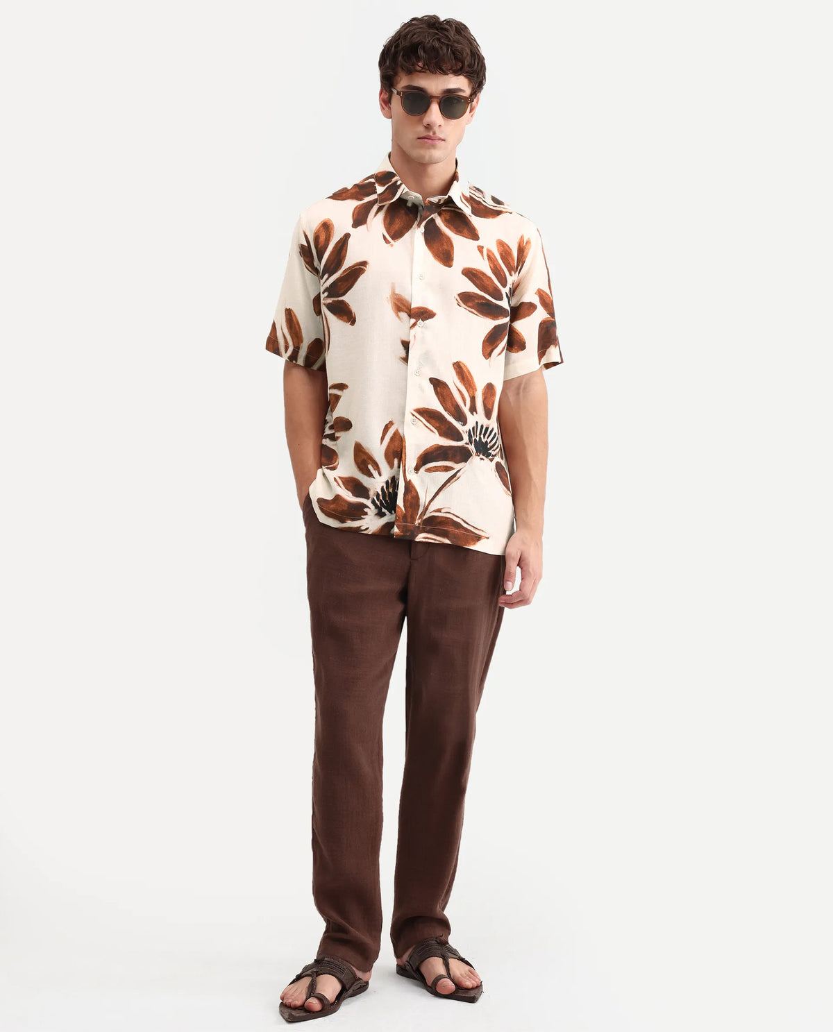 Rare Rabbit Men's Zeno Beige Viscose Fabric Half Sleeve Spread Collar Regular Floral Print Shirt