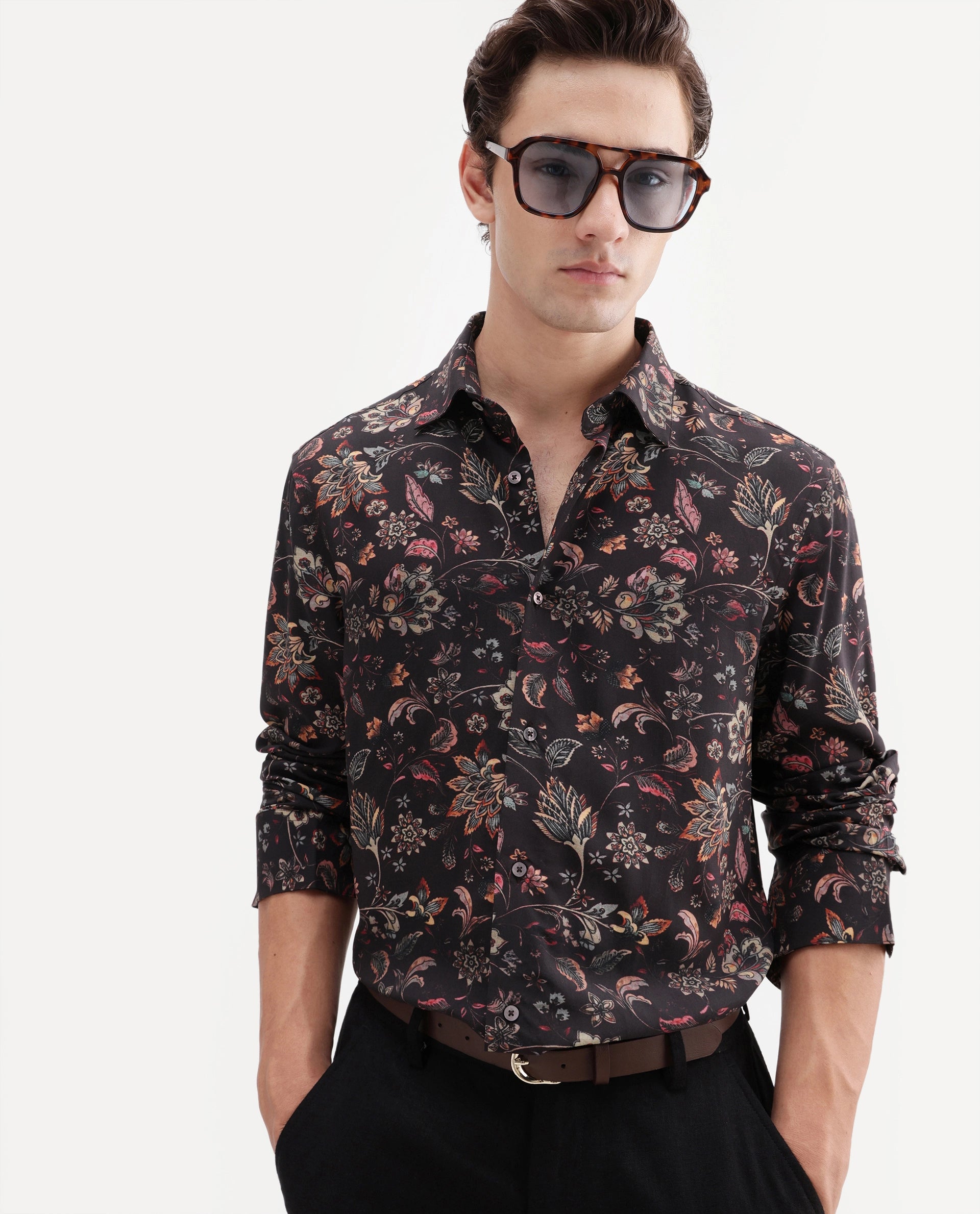 Rare Rabbit Men's Reed Black Viscose Fabric Full Sleeve Spread Collar Regular Floral Print Shirt