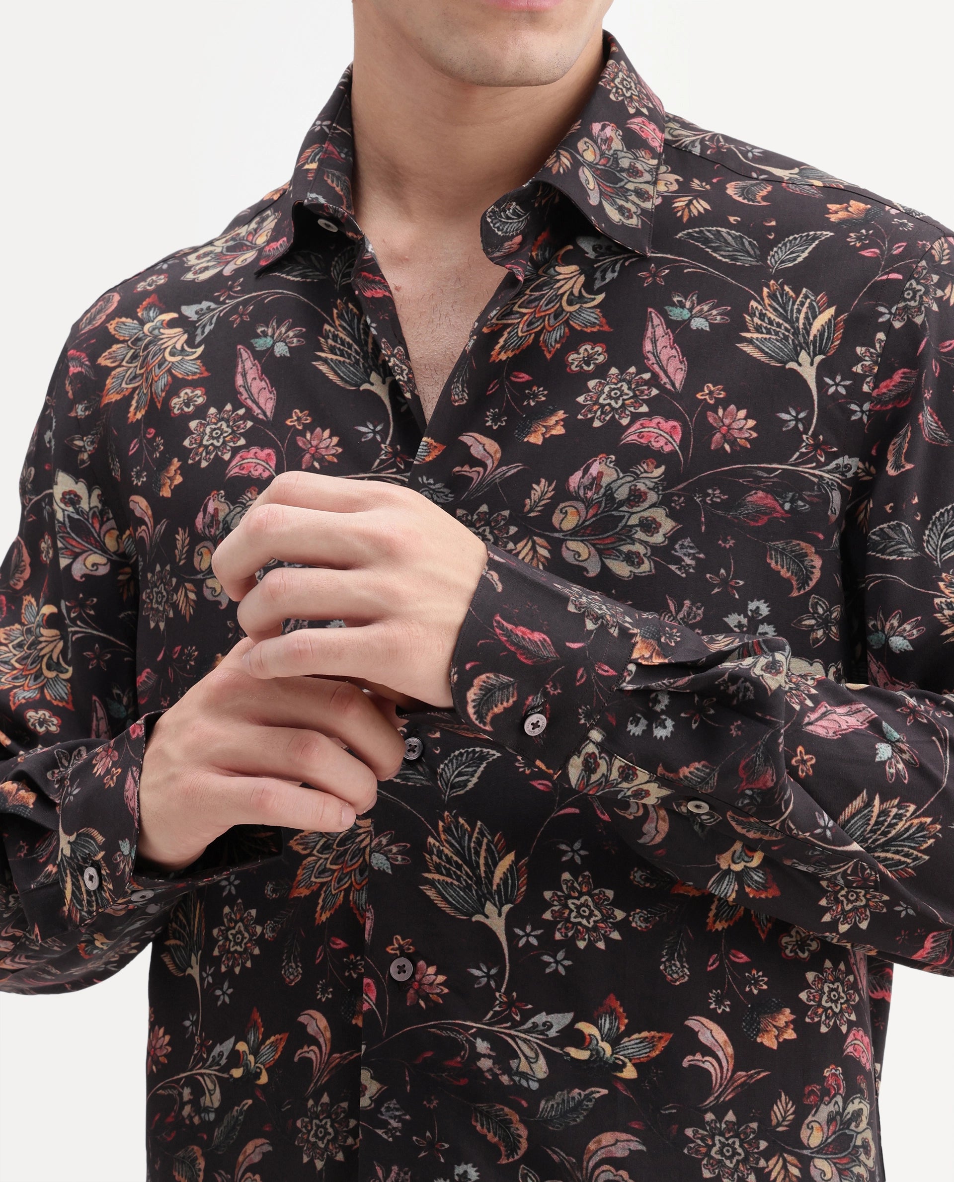 Rare Rabbit Men's Reed Black Viscose Fabric Full Sleeve Spread Collar Regular Floral Print Shirt