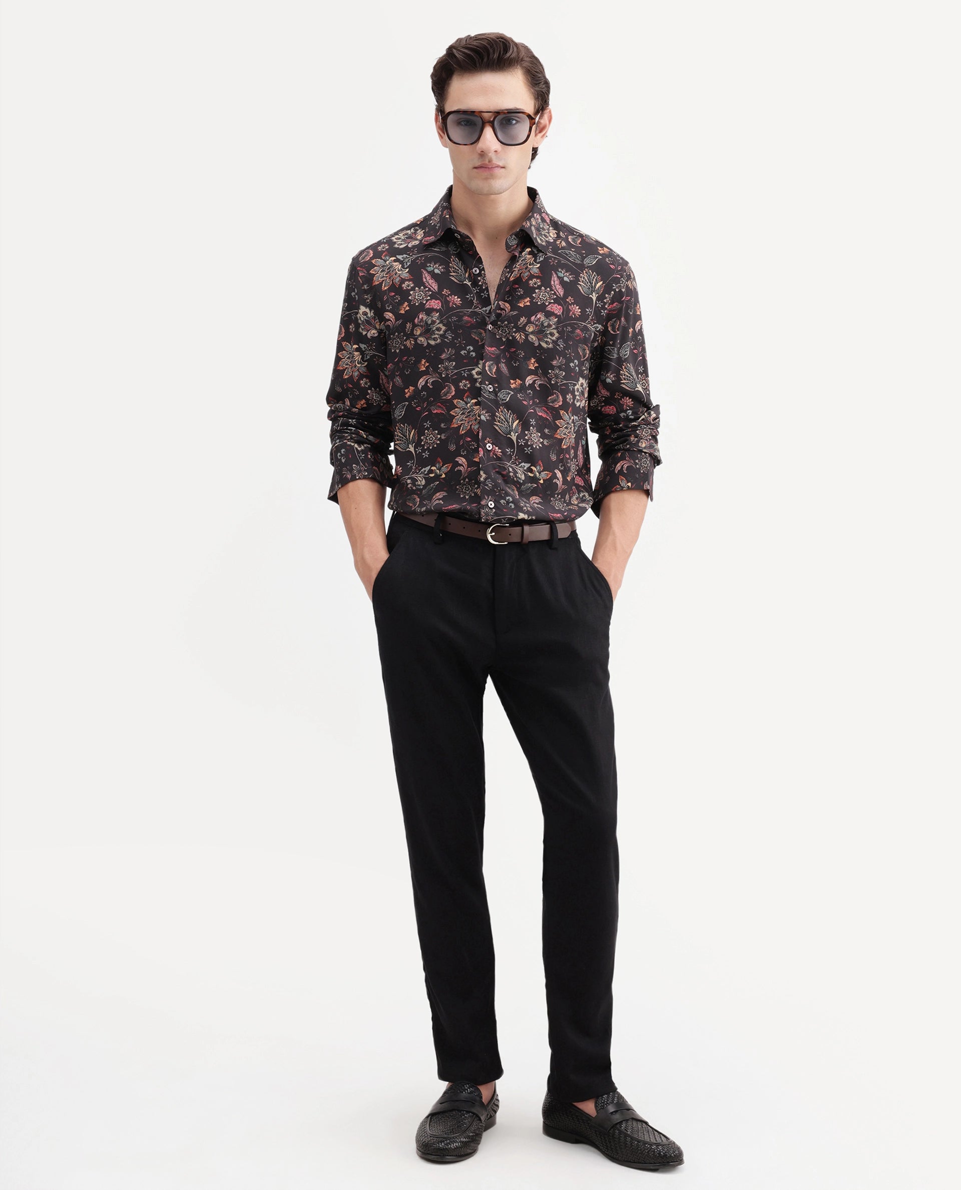 Rare Rabbit Men's Reed Black Viscose Fabric Full Sleeve Spread Collar Regular Floral Print Shirt