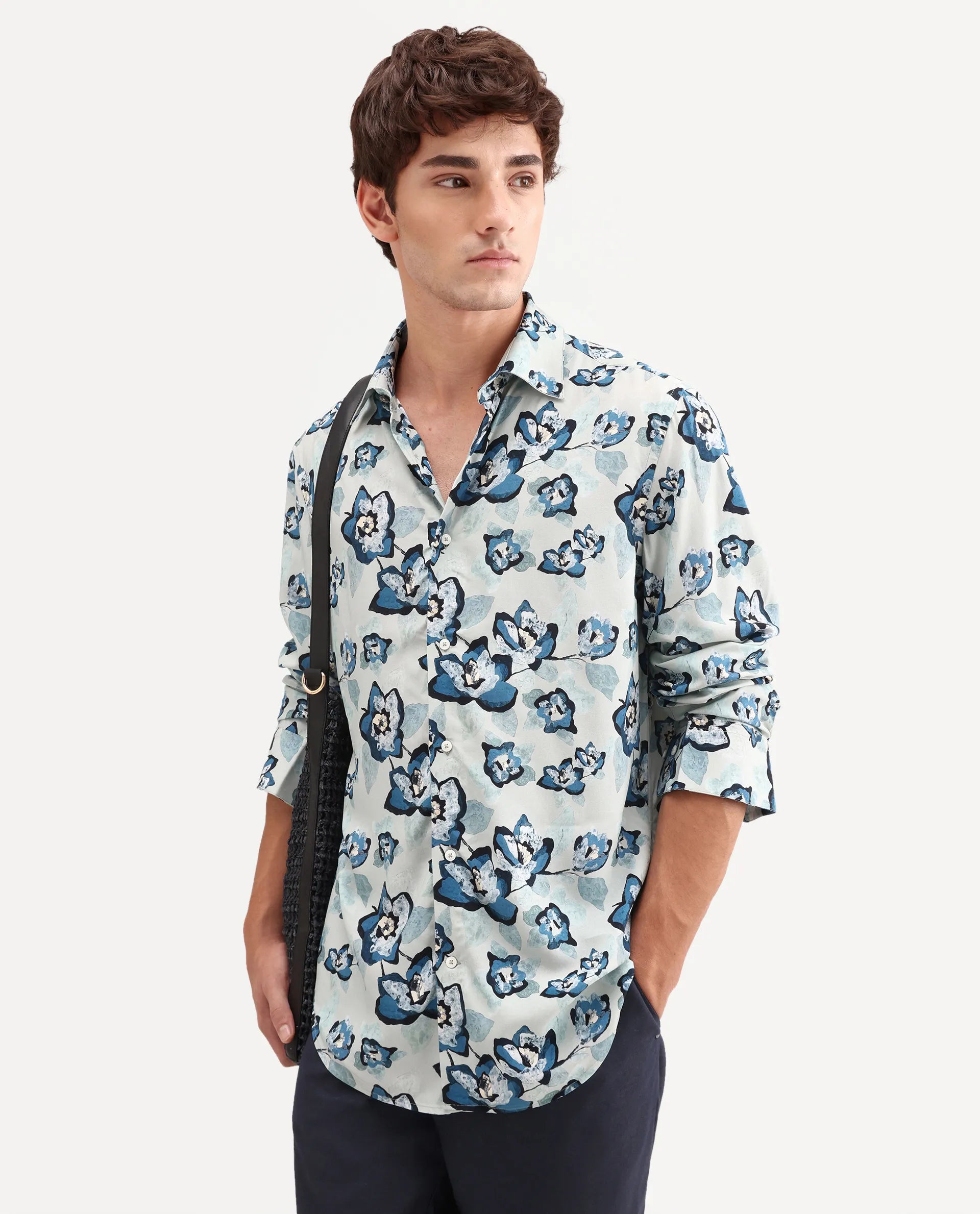 Rare Rabbit Men's Mura Light Blue Viscose Fabric Full Sleeve Spread Collar Regular Floral Print Shirt