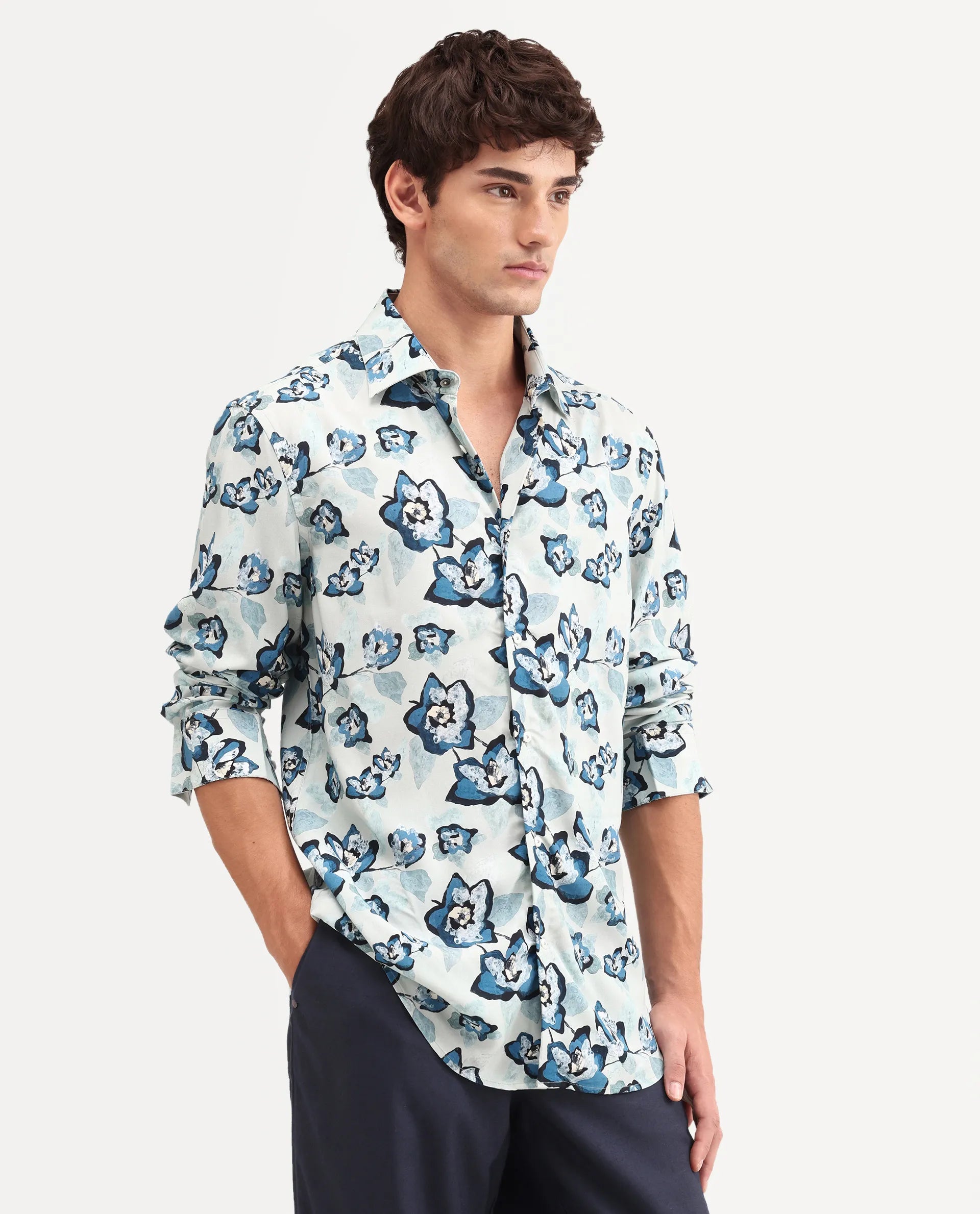 Rare Rabbit Men's Mura Light Blue Viscose Fabric Full Sleeve Spread Collar Regular Floral Print Shirt