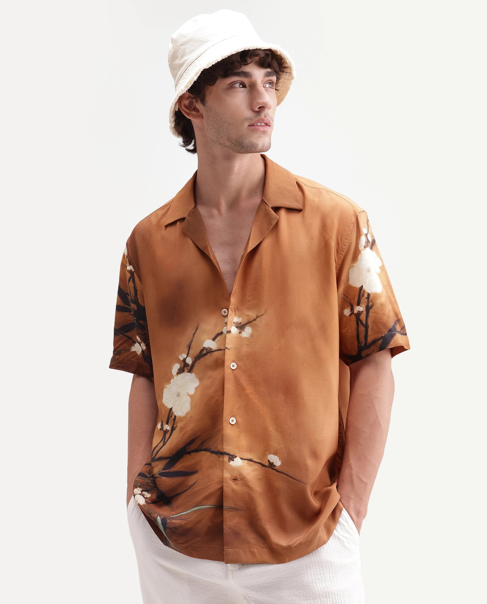 Rare Rabbit Men's Tole Dark Beige Viscose Fabric Half Sleeve Cuban Collar Regular Floral Print Shirt