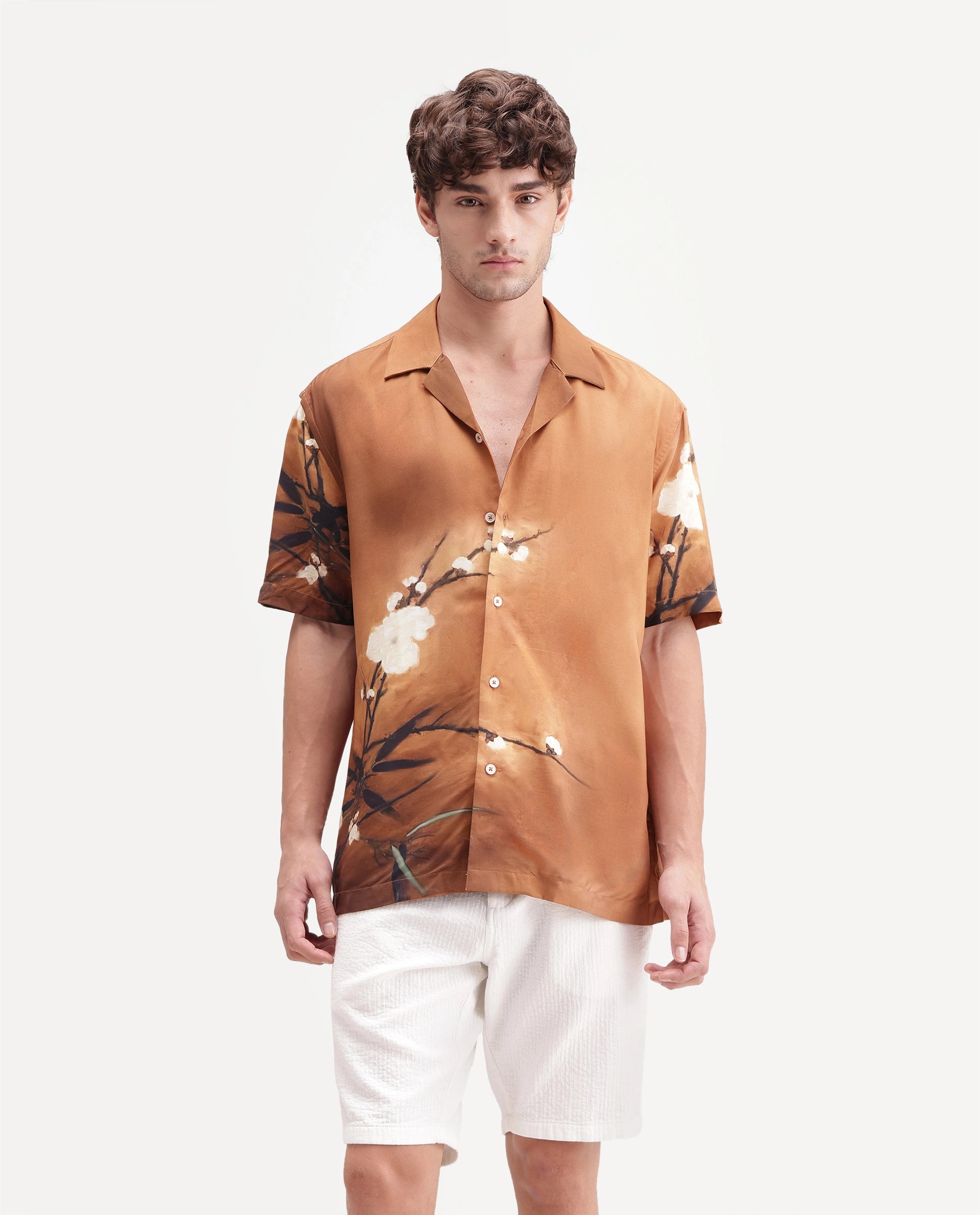 Rare Rabbit Men's Tole Dark Beige Viscose Fabric Half Sleeve Cuban Collar Regular Floral Print Shirt