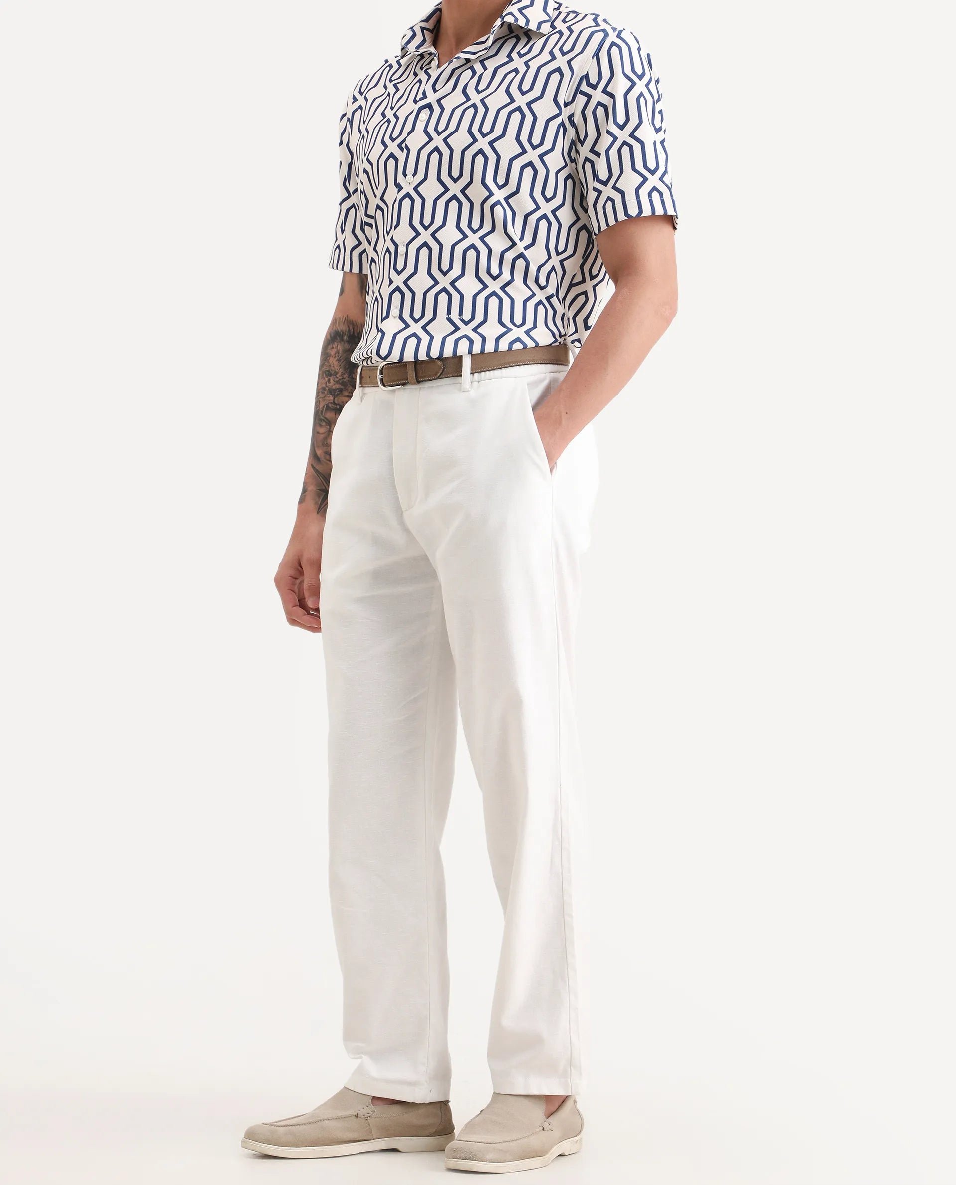 Rare Rabbit Men's Liao White Linen Blend Fabric Straight Fit Plain Trouser