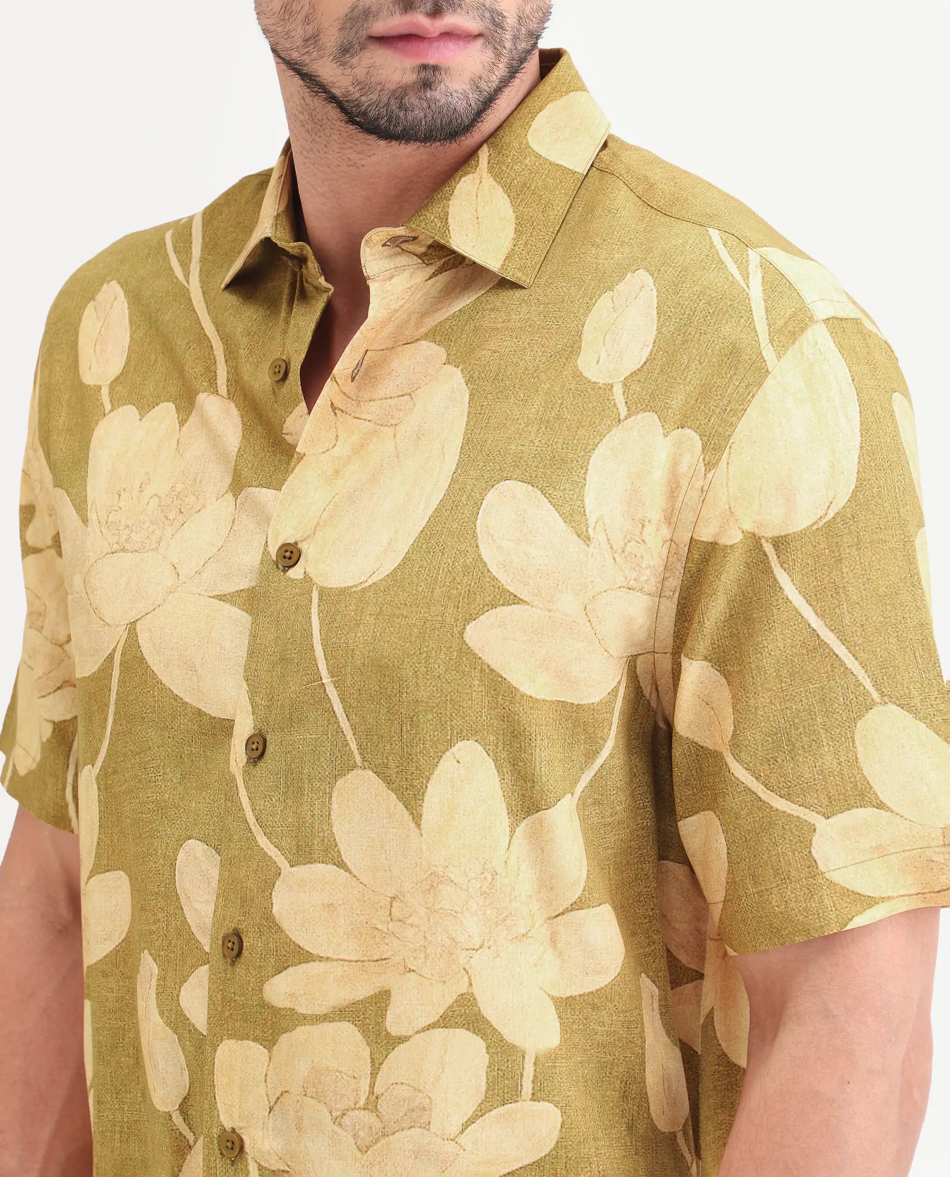 Rare Rabbit Men's Yara Light Mustard Viscose Fabric Half Sleeve Spread Collar Regular Floral Print Shirt