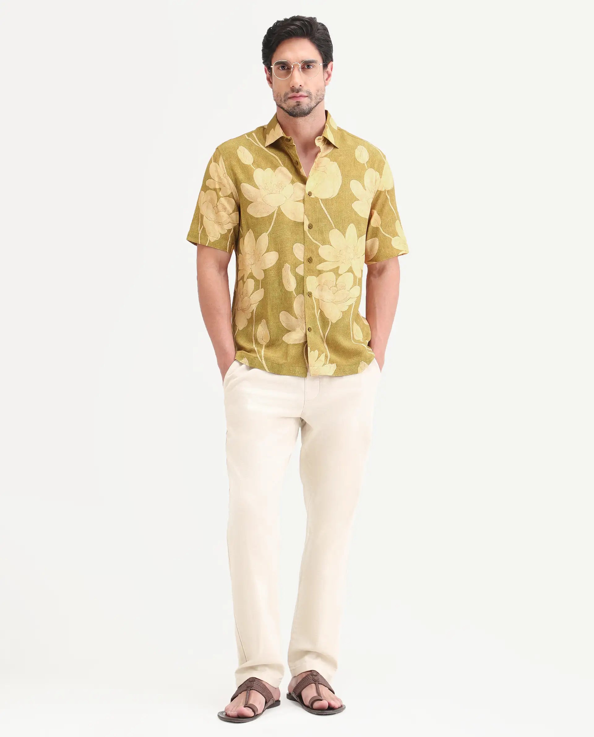 Rare Rabbit Men's Yara Light Mustard Viscose Fabric Half Sleeve Spread Collar Regular Floral Print Shirt