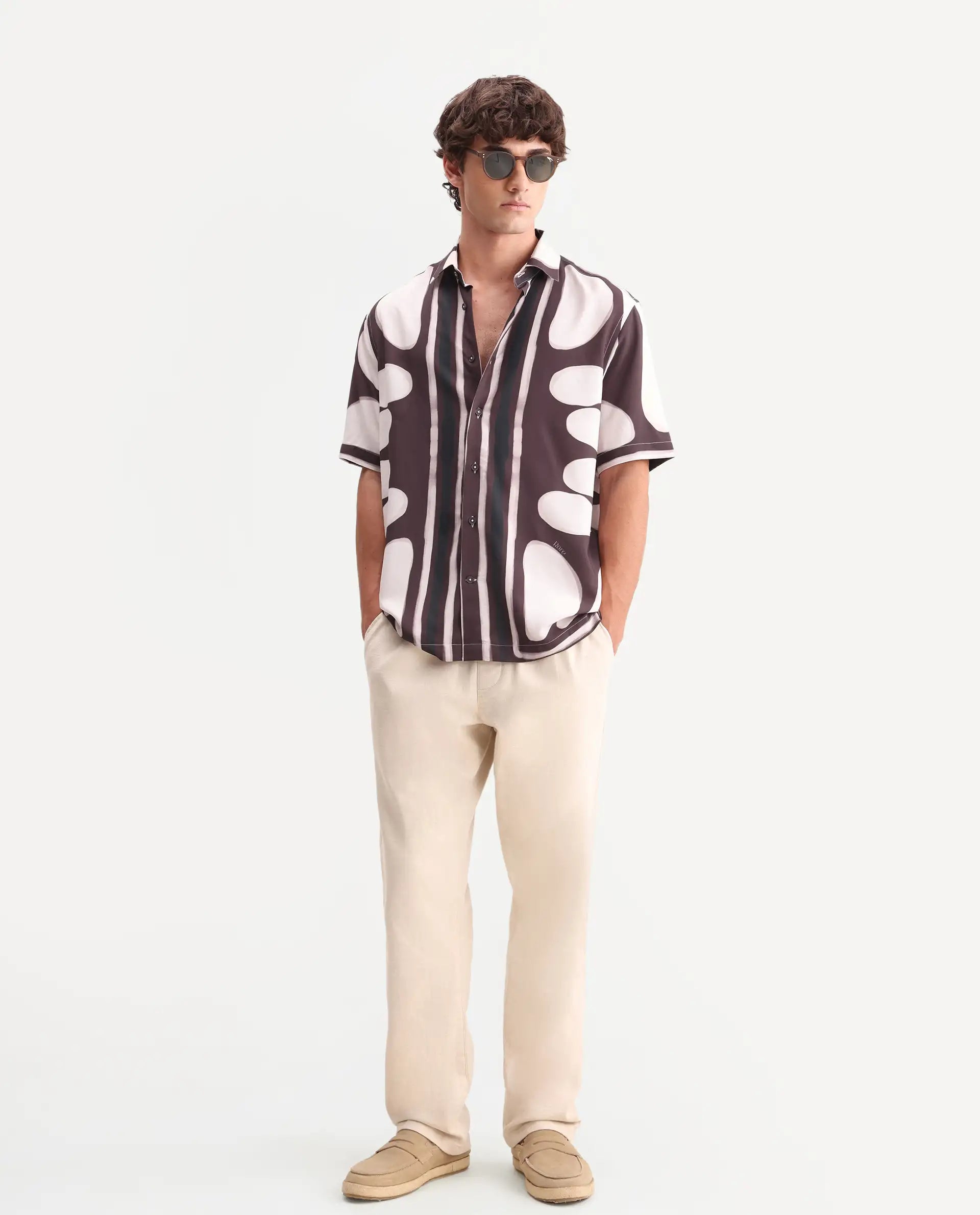 Rare Rabbit Men's Rown Brown Viscose Fabric Spread Collar Regular Abstract Print Shirt