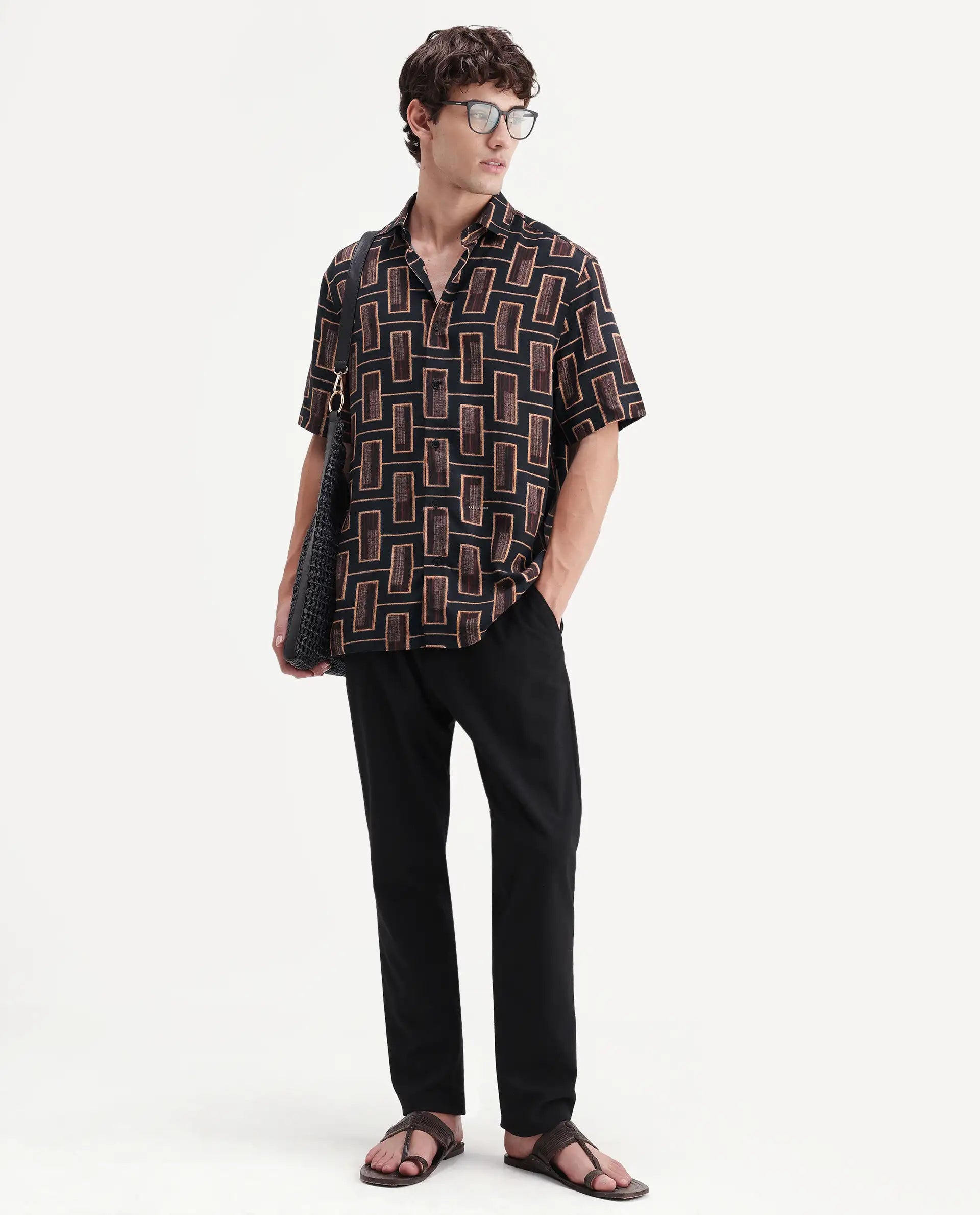 Rare Rabbit Men's Savi Black Viscose Fabric Half Sleeve Spread Collar Regular Geometric Print Shirt