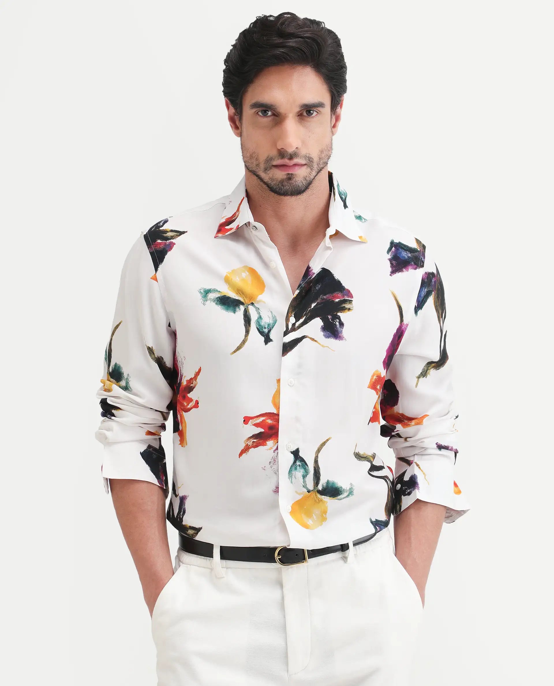 Rare Rabbit Men's Tera White Viscose Fabric Full Sleeve Spread Collar Regular Floral Print Shirt