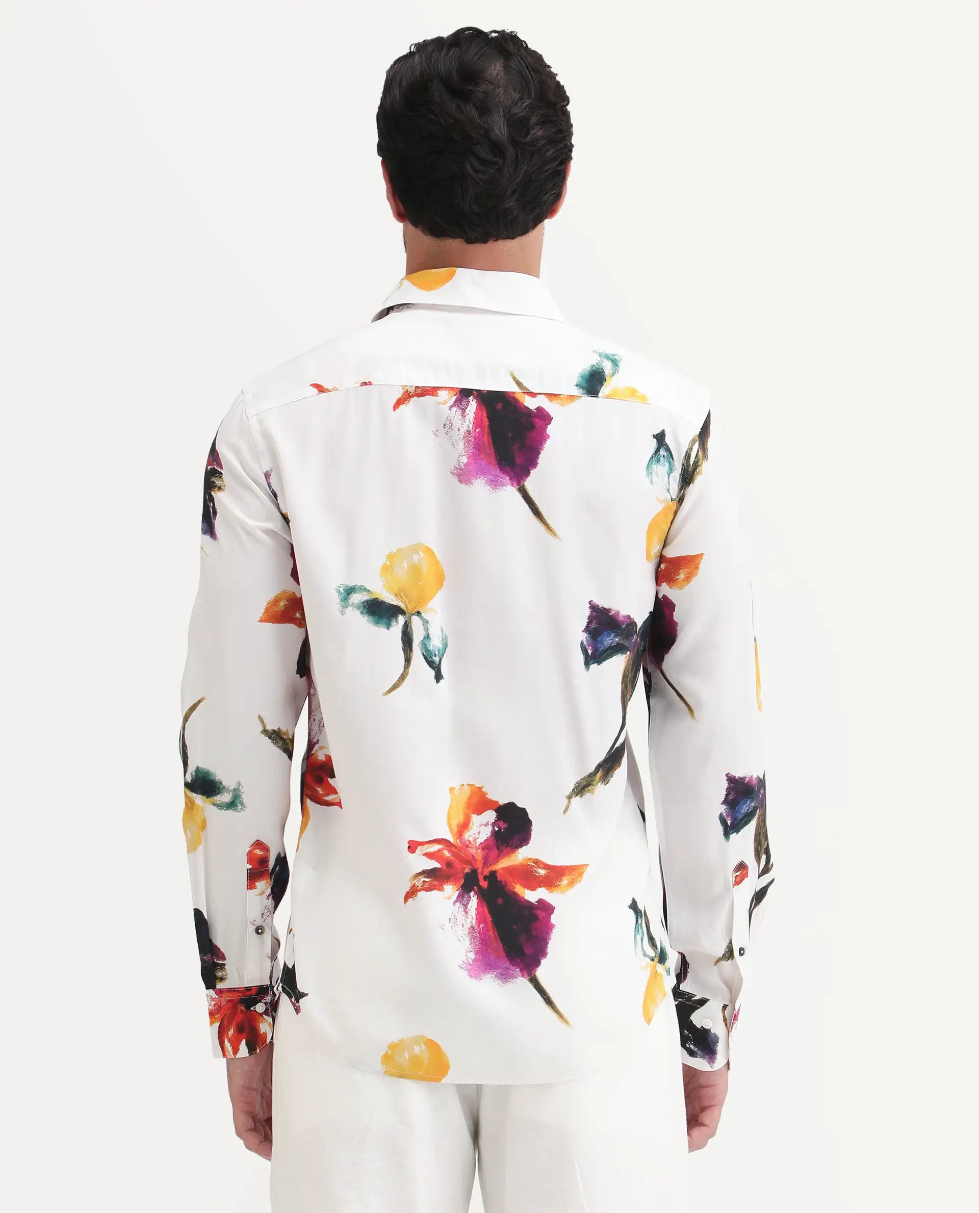 Rare Rabbit Men's Tera White Viscose Fabric Full Sleeve Spread Collar Regular Floral Print Shirt