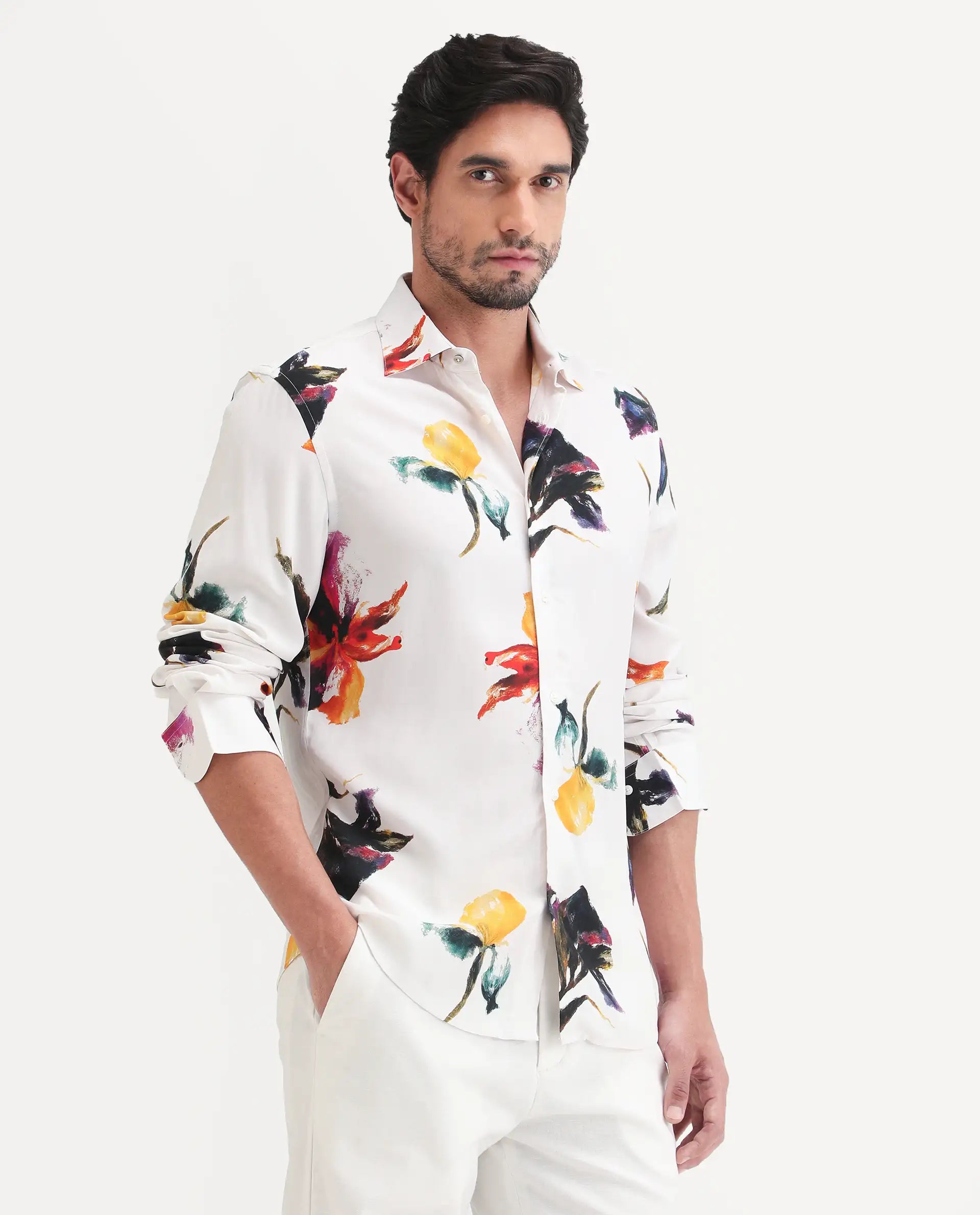 Rare Rabbit Men's Tera White Viscose Fabric Full Sleeve Spread Collar Regular Floral Print Shirt