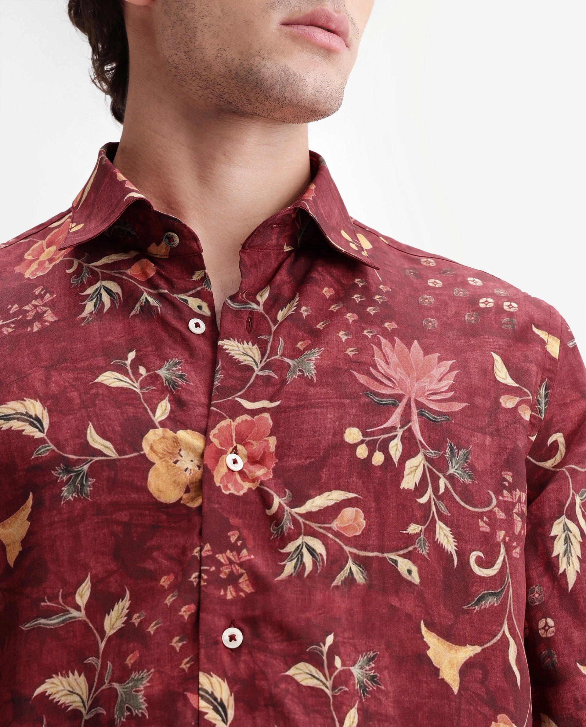 Rare Rabbit Men's Frez Dark Red Viscose Fabric Full Sleeve Spread Collar Regular Floral Print Shirt