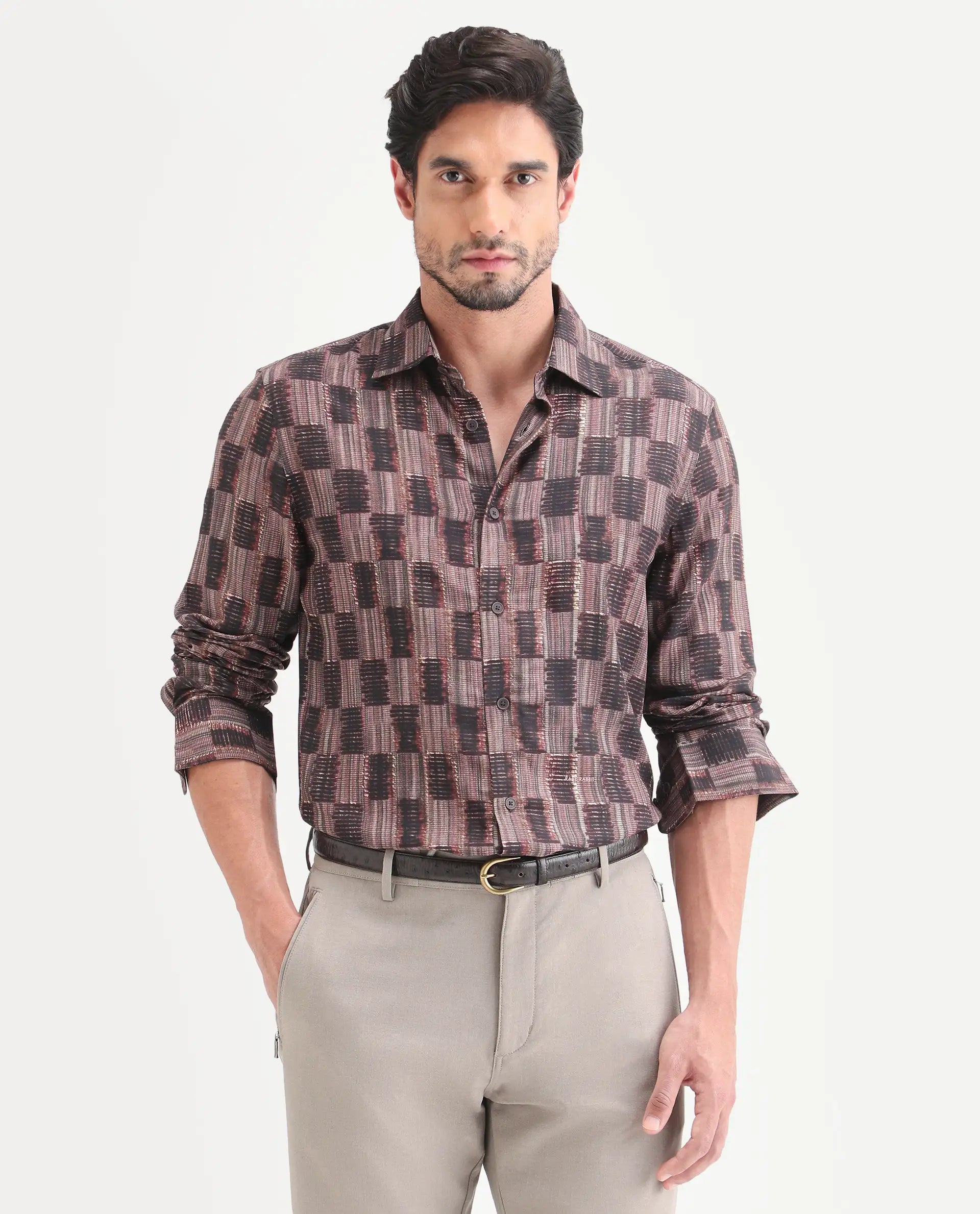 Rare Rabbit Men's Zenat Brown Viscose Fabric Full Sleeve Spread Collar Regular Abstract Print Shirt