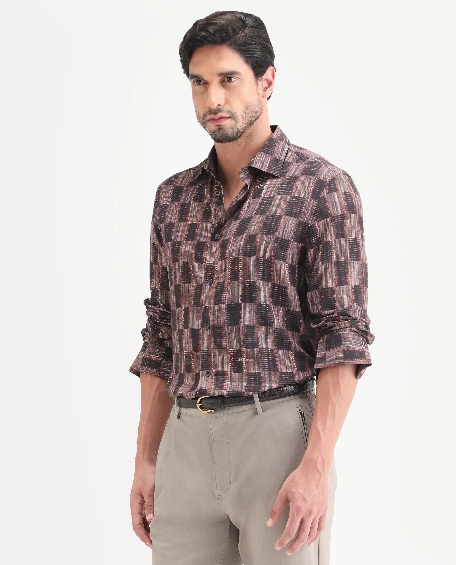 Rare Rabbit Men's Zenat Brown Viscose Fabric Full Sleeve Spread Collar Regular Abstract Print Shirt
