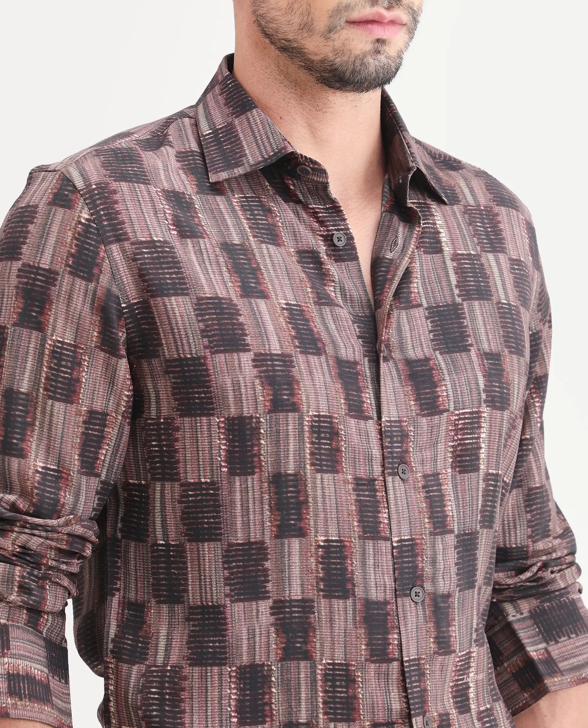Rare Rabbit Men's Zenat Brown Viscose Fabric Full Sleeve Spread Collar Regular Abstract Print Shirt