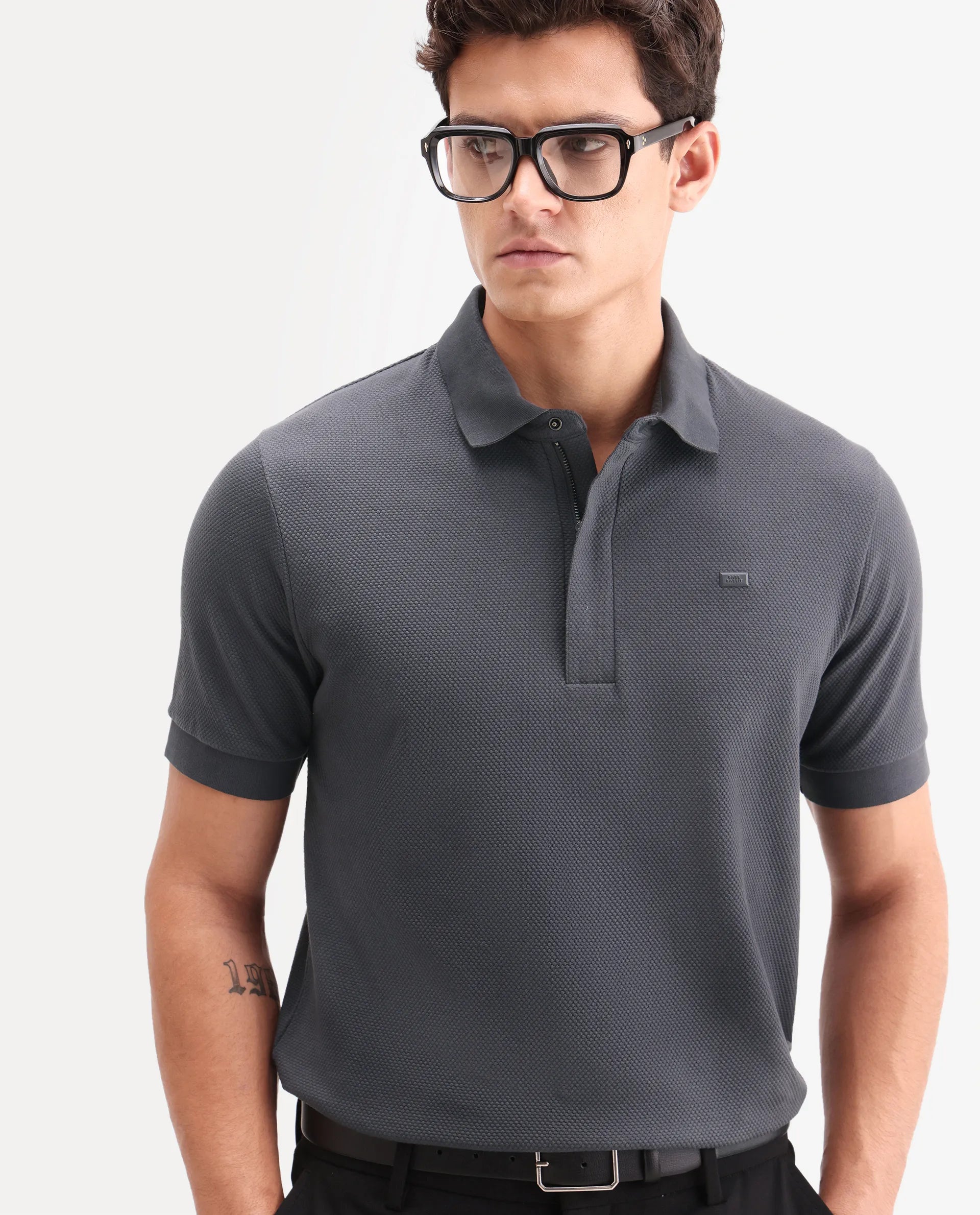 Rare Rabbit Men's Salio Dark Grey Cotton Blend Fabric Half Sleeve Spread Collar Regular Plain Polo
