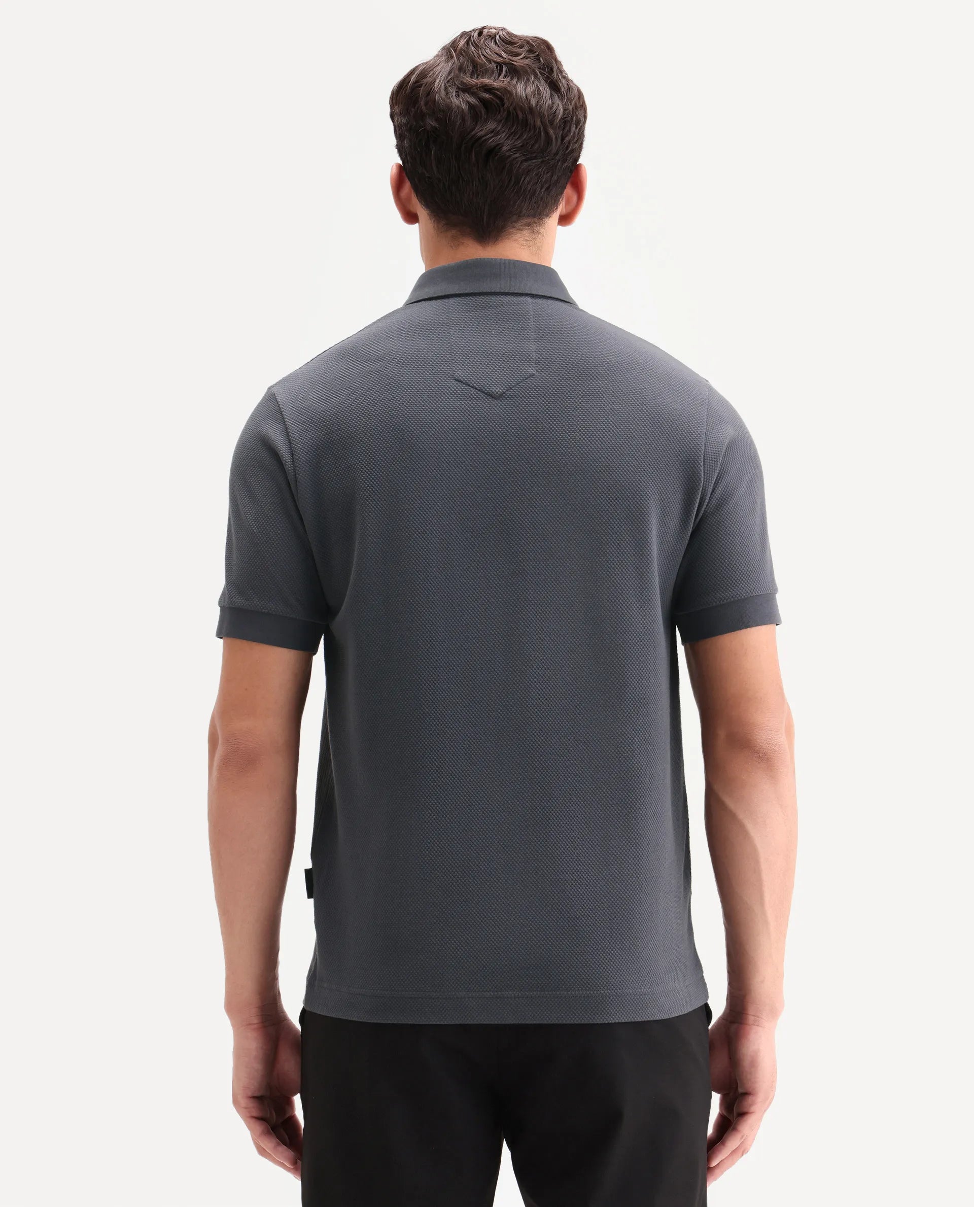 Rare Rabbit Men's Salio Dark Grey Cotton Blend Fabric Half Sleeve Spread Collar Regular Plain Polo