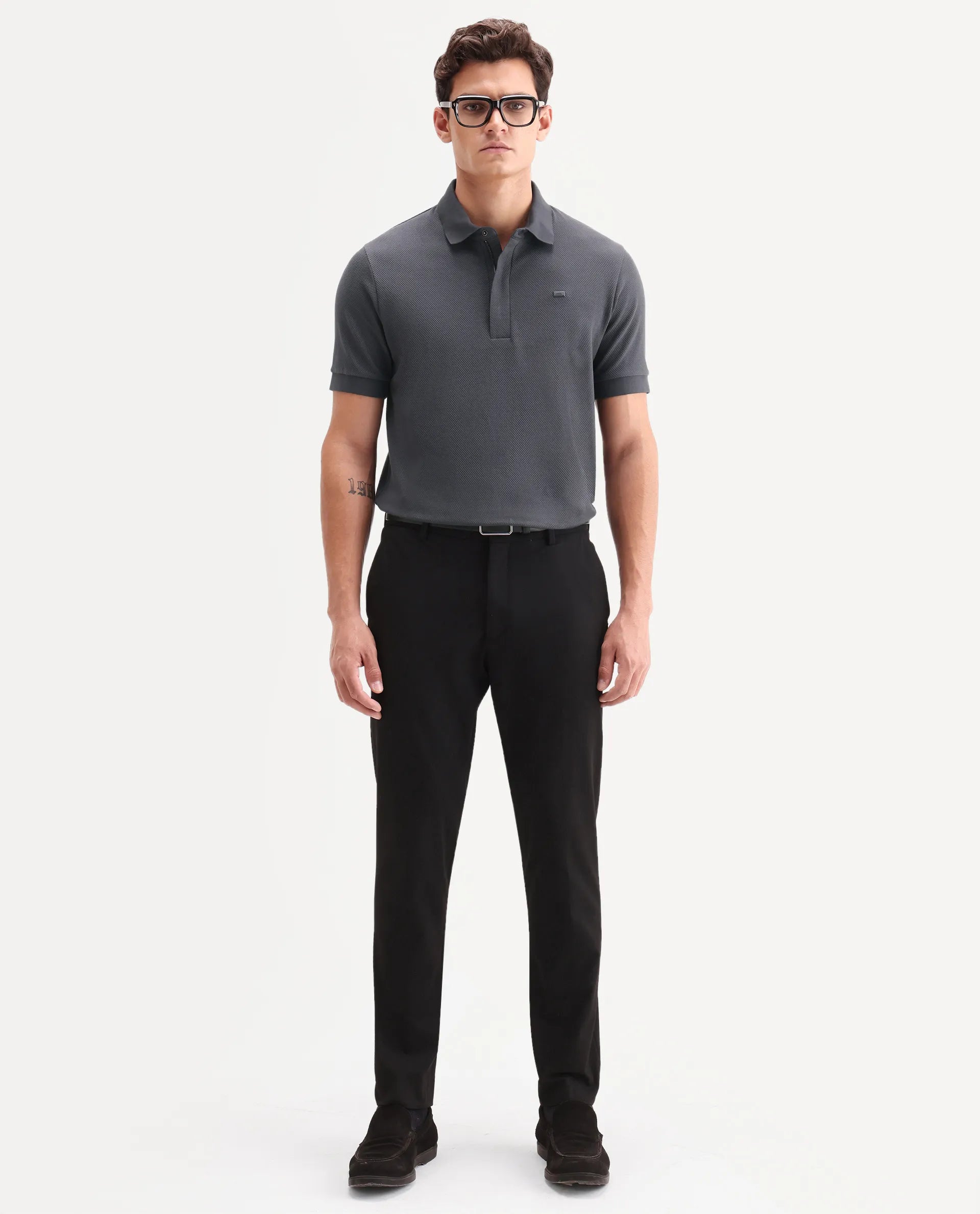 Rare Rabbit Men's Salio Dark Grey Cotton Blend Fabric Half Sleeve Spread Collar Regular Plain Polo