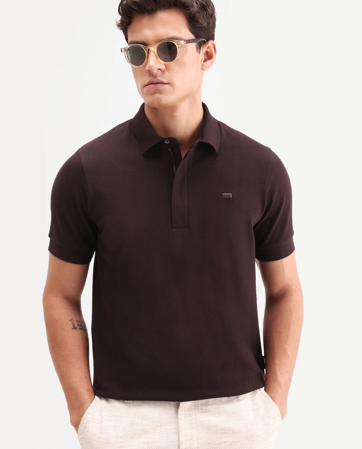 Rare Rabbit Men's Salio Dark Brown Cotton Blend Fabric Half Sleeve Spread Collar Regular Plain Polo