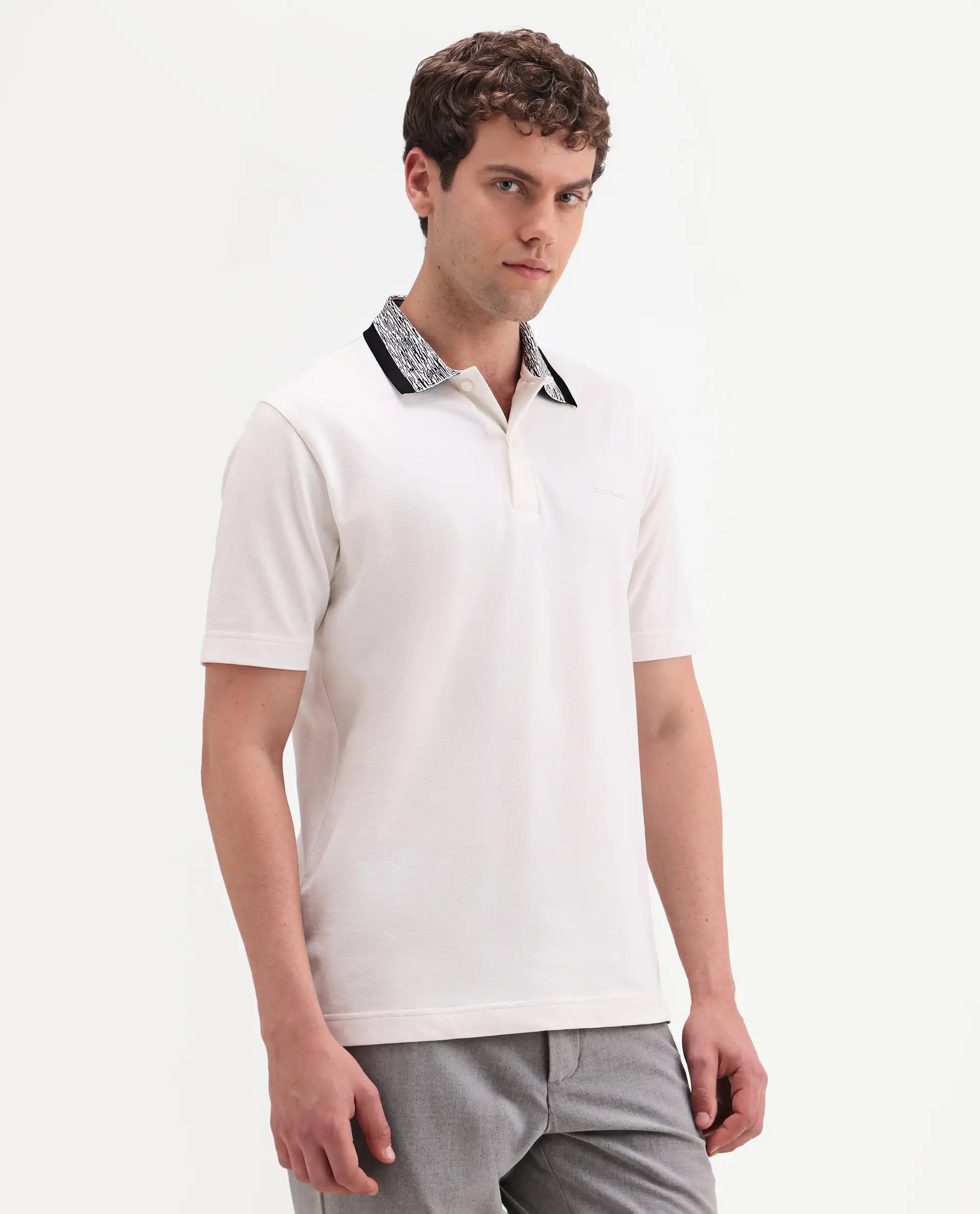 Rare Rabbit Men's Spalo White Cotton Blend Fabric Half Sleeve Spread Collar Regular Plain Polo