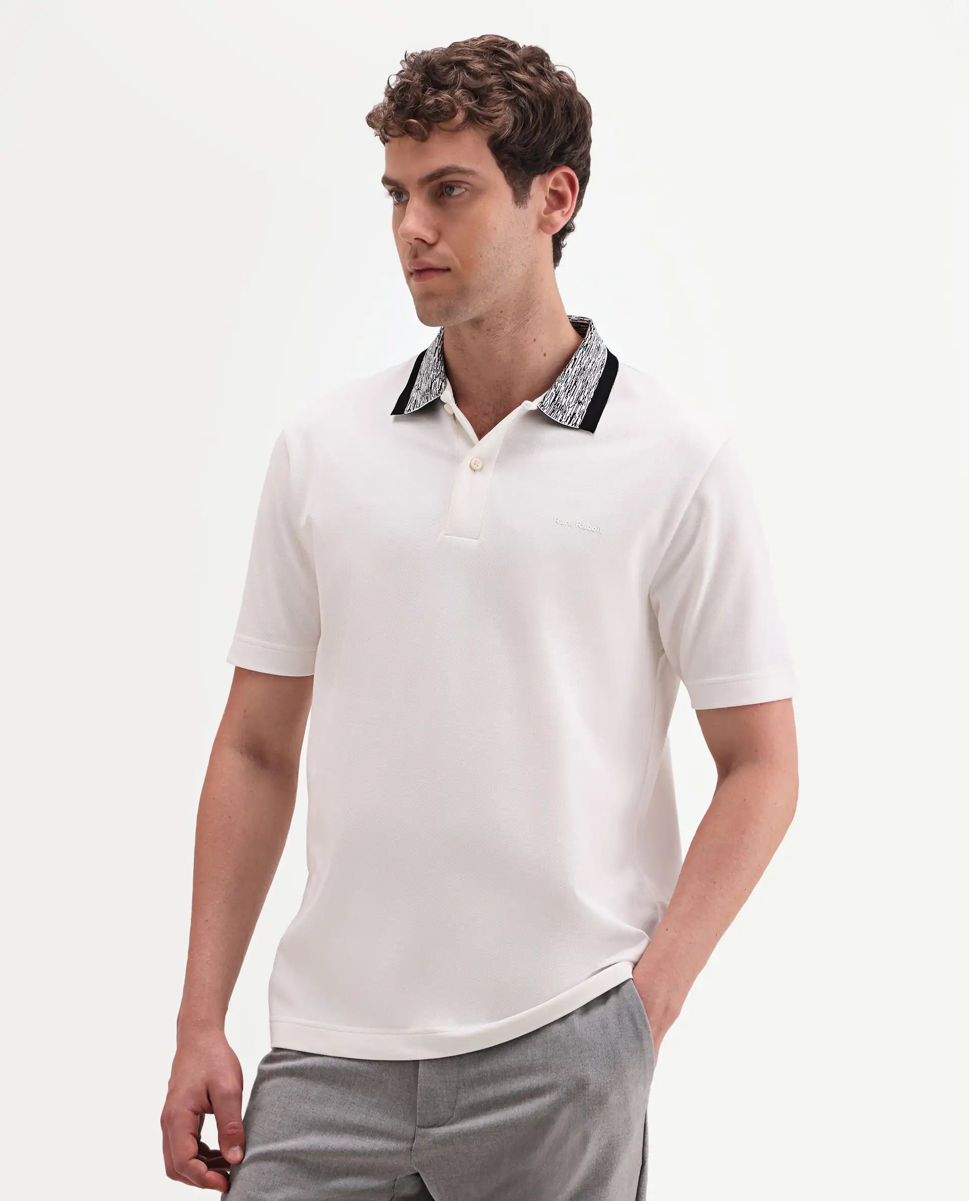 Rare Rabbit Men's Spalo White Cotton Blend Fabric Half Sleeve Spread Collar Regular Plain Polo