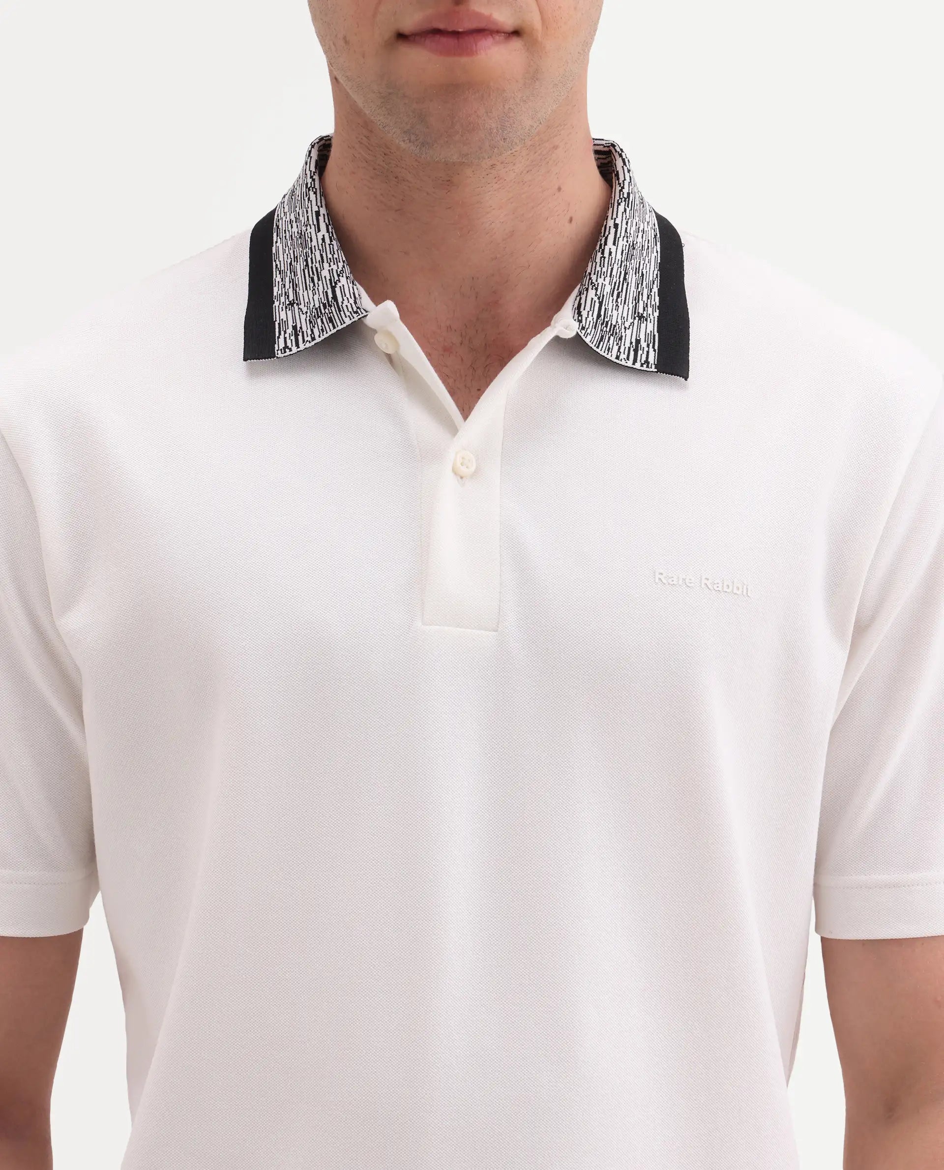Rare Rabbit Men's Spalo White Cotton Blend Fabric Half Sleeve Spread Collar Regular Plain Polo