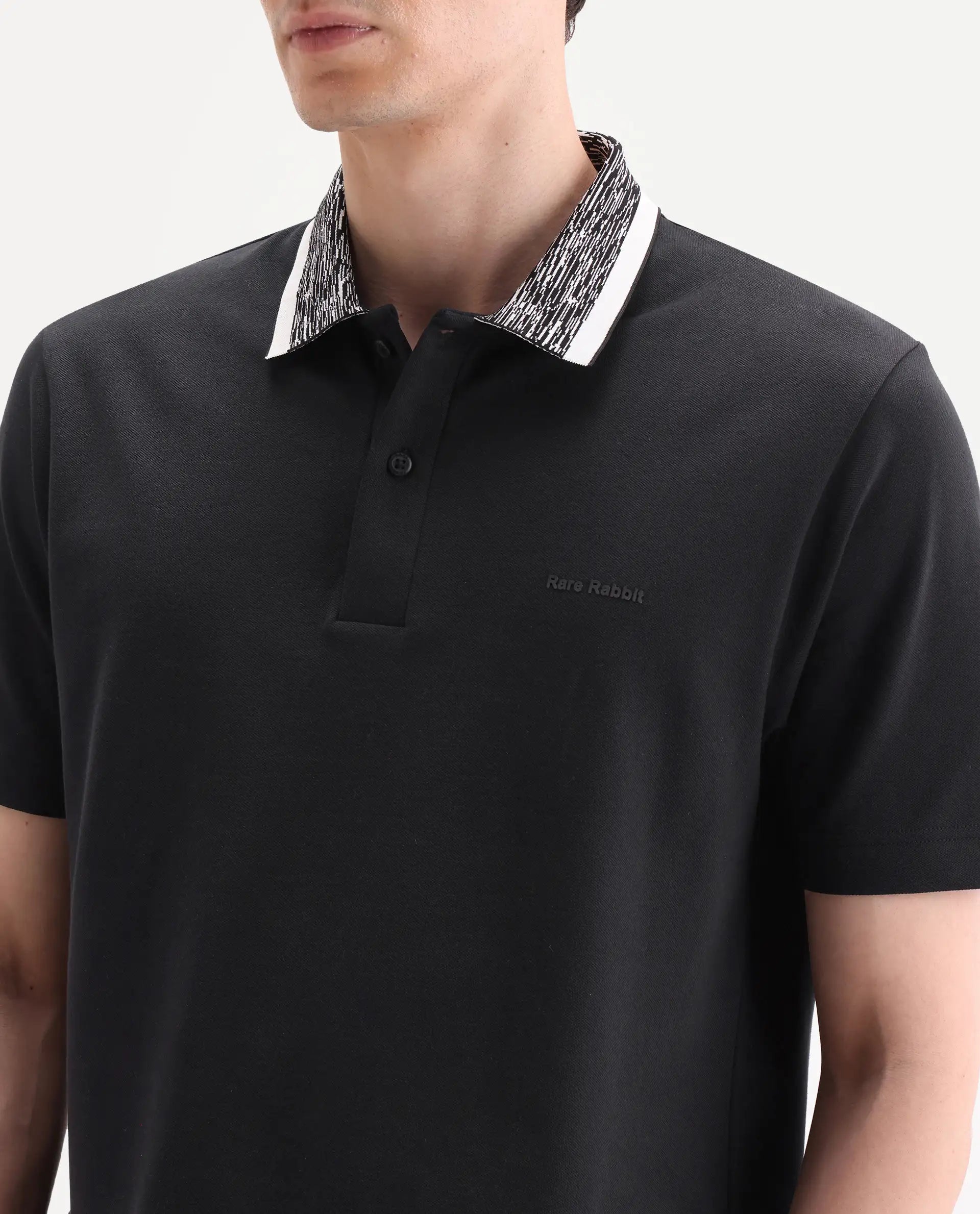 Rare Rabbit Men's Spalo Black Cotton Blend Fabric Half Sleeve Spread Collar Regular Plain Polo