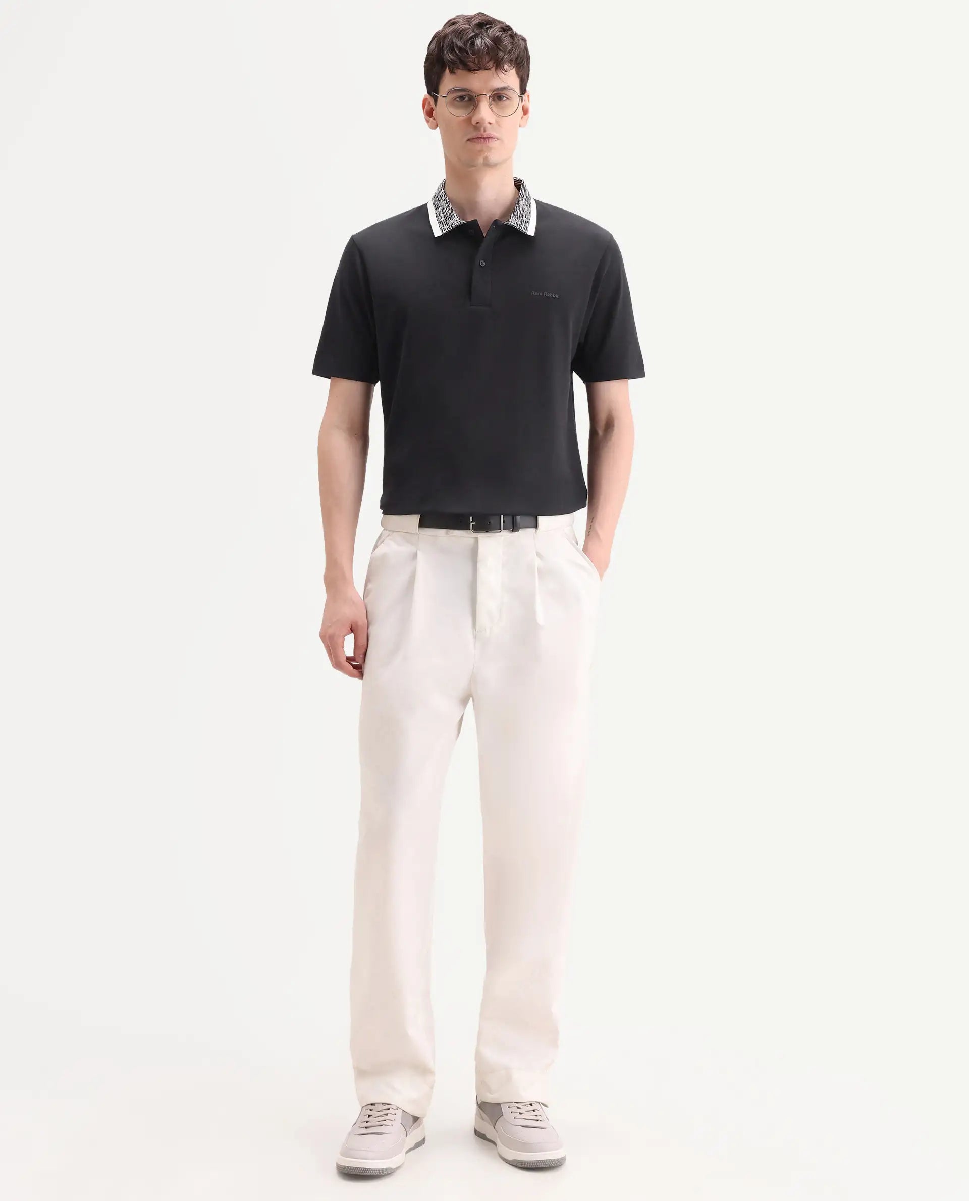 Rare Rabbit Men's Spalo Black Cotton Blend Fabric Half Sleeve Spread Collar Regular Plain Polo