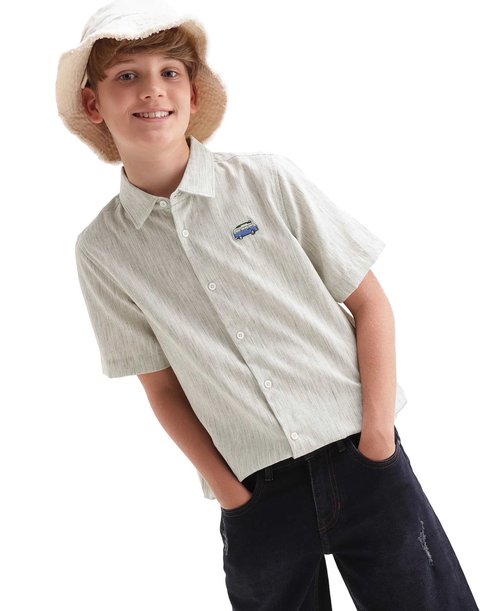 Rare Ones Kids Nobil Light Green Linen Blend Button Closure Regular Fit Shirt