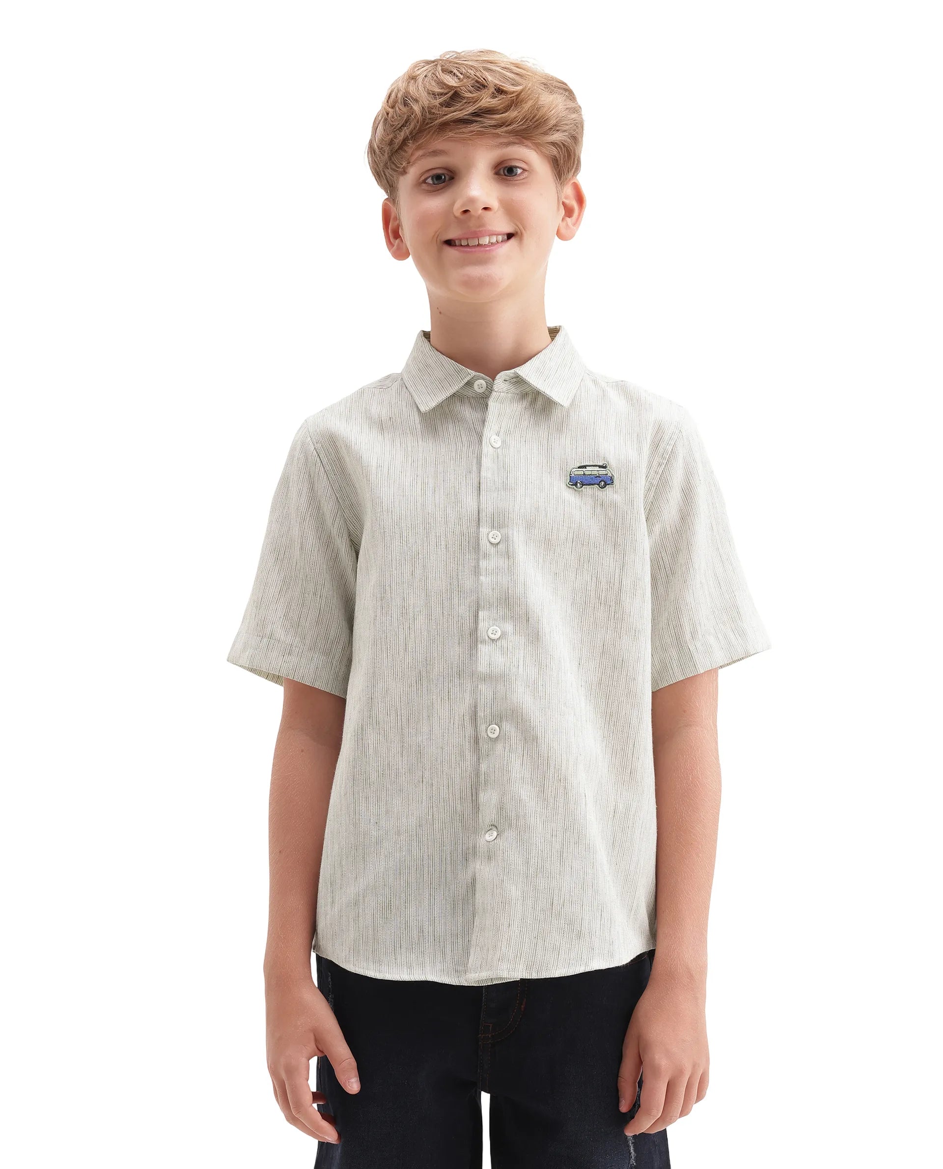 Rare Ones Kids Nobil Light Green Linen Blend Button Closure Regular Fit Shirt