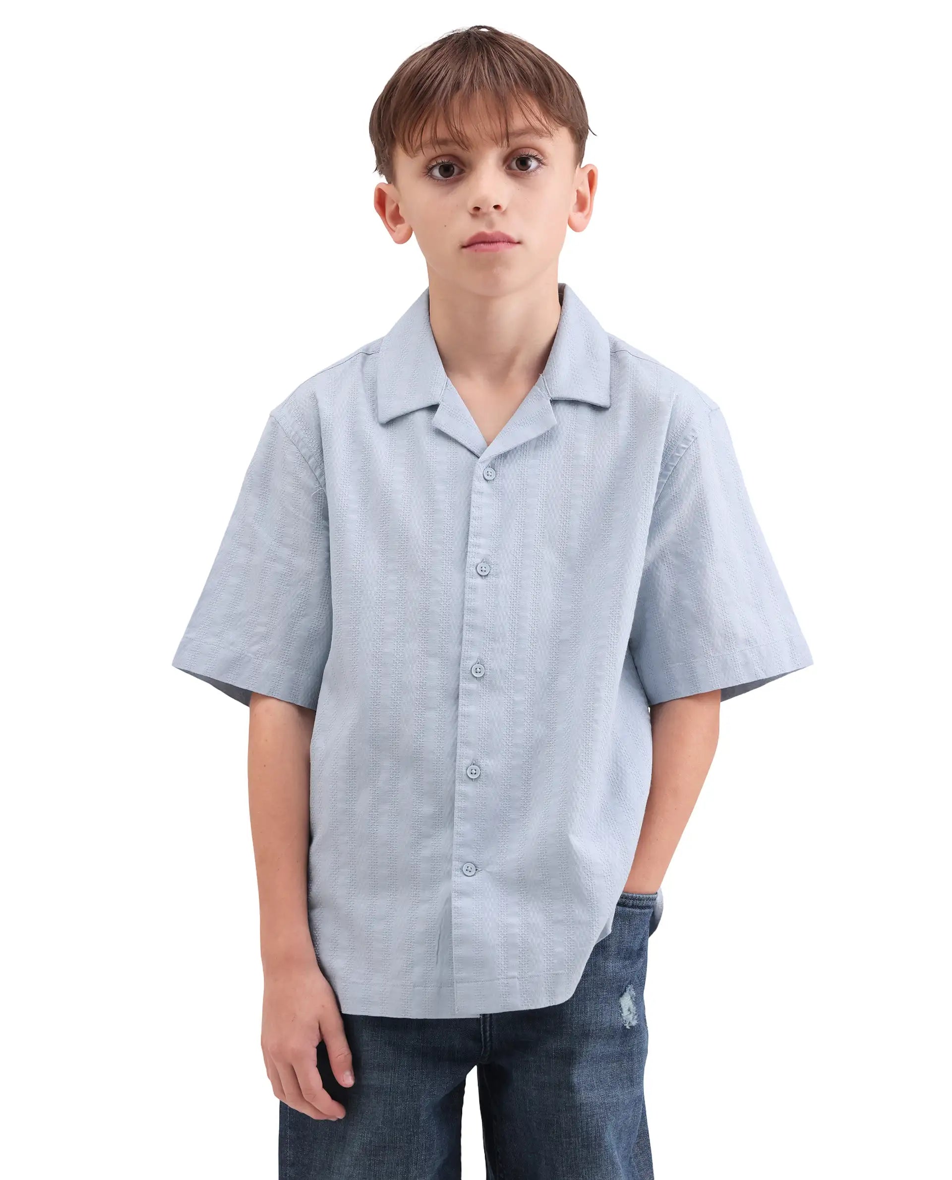 Rare Ones Kids Felic Light Blue Cotton Fabric Button Closure Regular Fit Shirt