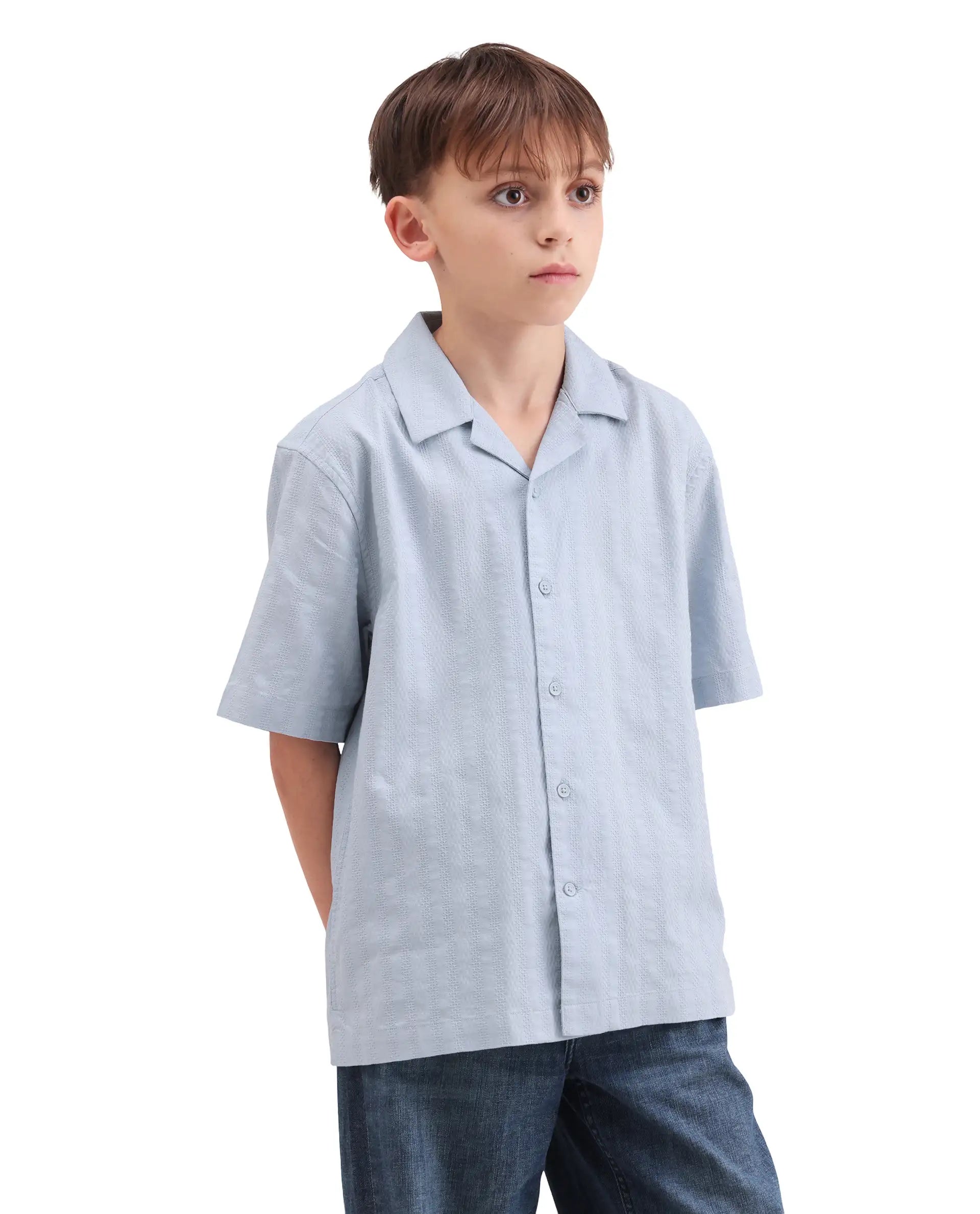 Rare Ones Kids Felic Light Blue Cotton Fabric Button Closure Regular Fit Shirt